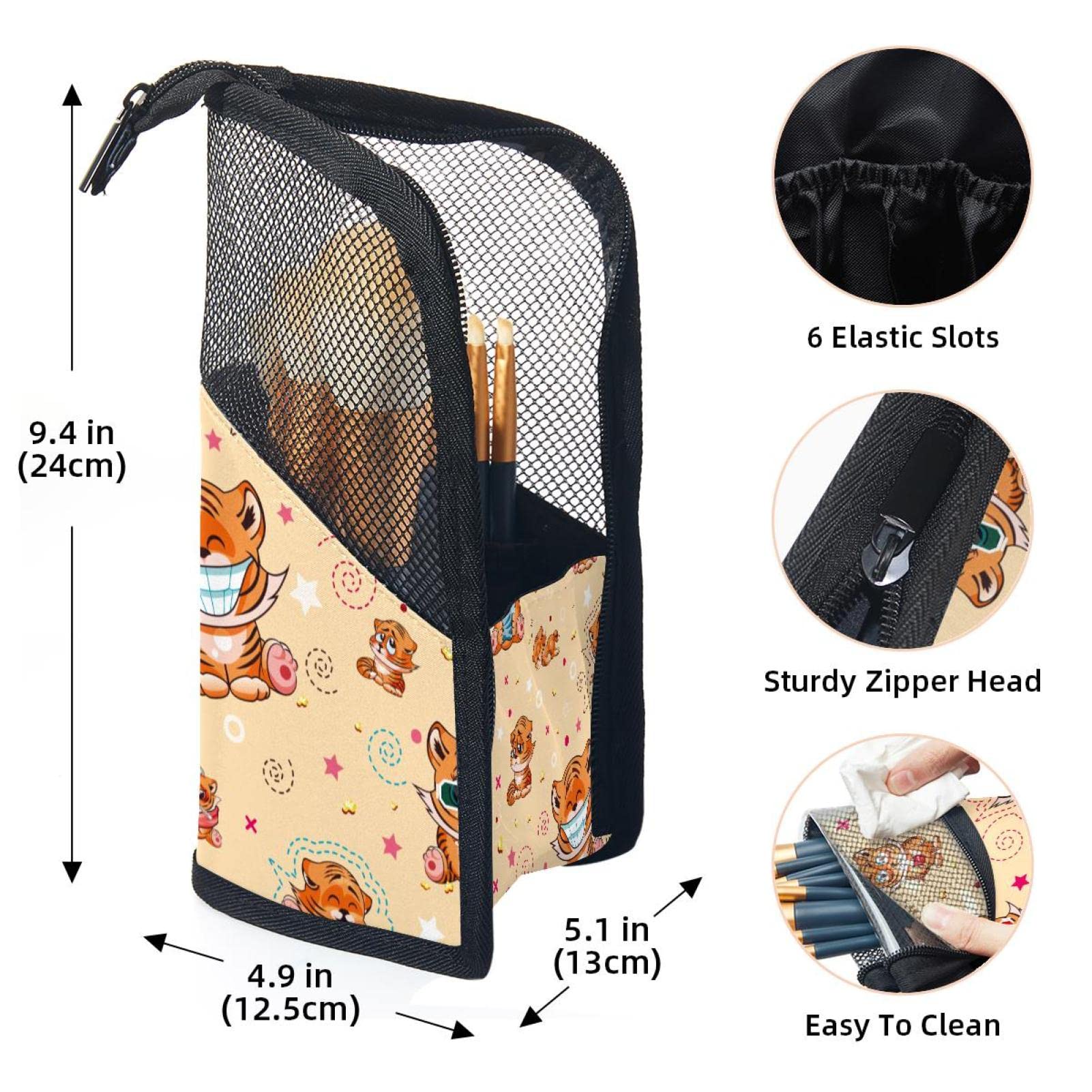 Floral Happy Tiger Makeup Brush Organizer Bag with 12 Brushes - Portable Makeup Brush Holder Case for Travel & Home Storage