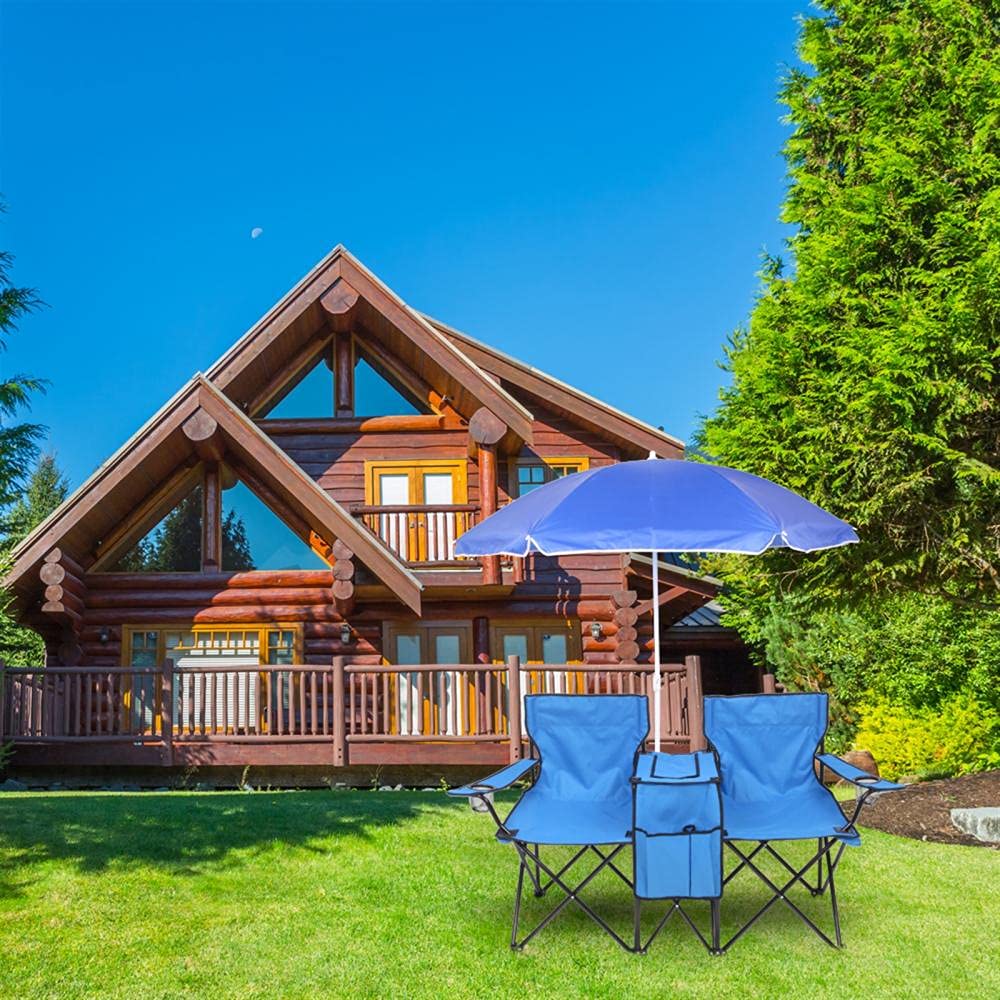 **2-Person Double Folding Picnic Chairs with Removable Umbrella, Mini Table & Beverage Holder - Portable Camping, Beach, Garden, Patio & Outdoor Chairs - Includes Carrying Bag (Blue)**    **Usage Scenarios:** Perfect for camping trips, beach outings, picnics, backyard relaxation, fishing, and outdoor events.