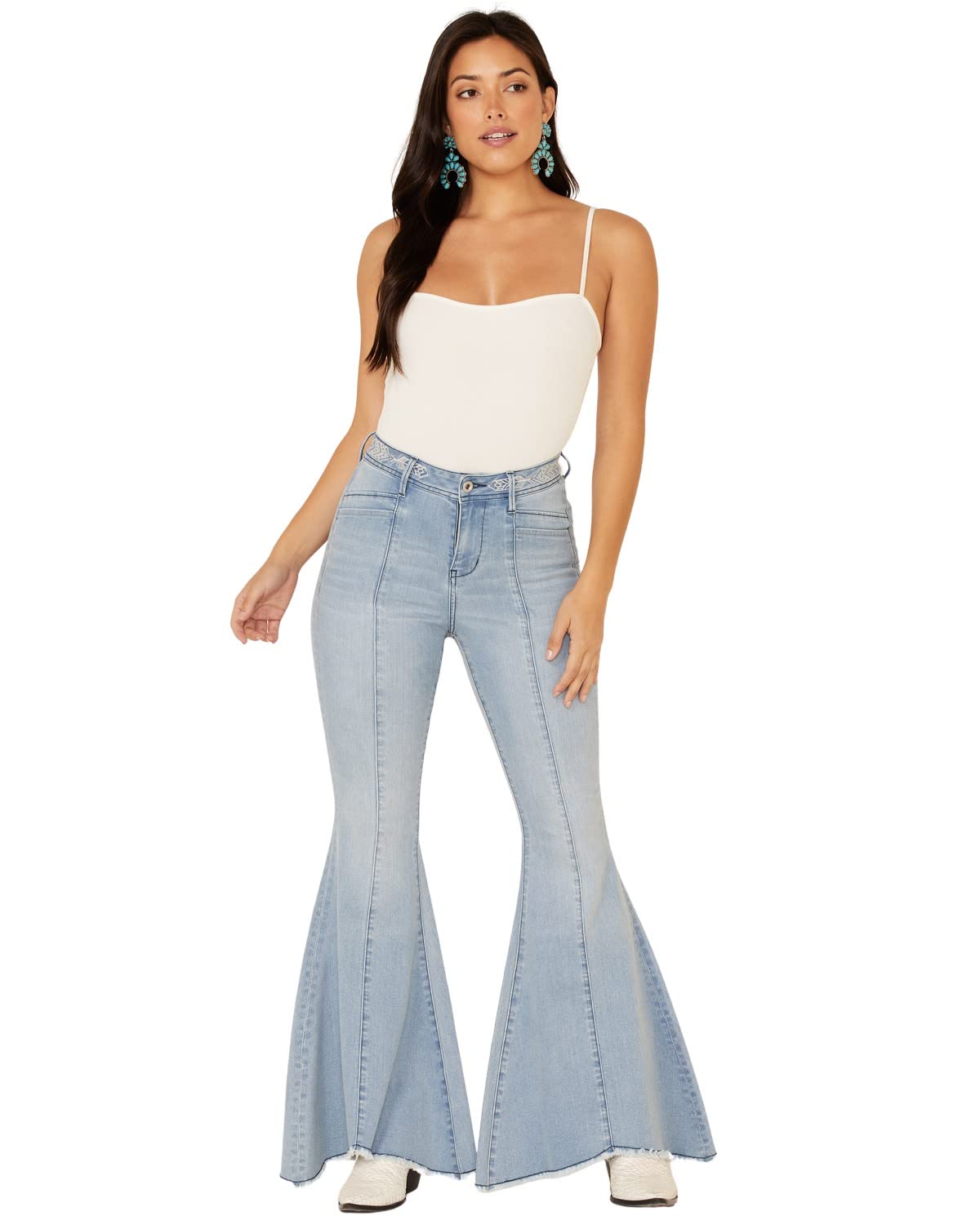 Grace in LA Women's Southwestern Flare Leg Jeans - Vintage Inspired High Waisted Bootcut Denim Pants for Casual Wear & Boho Style Outfits