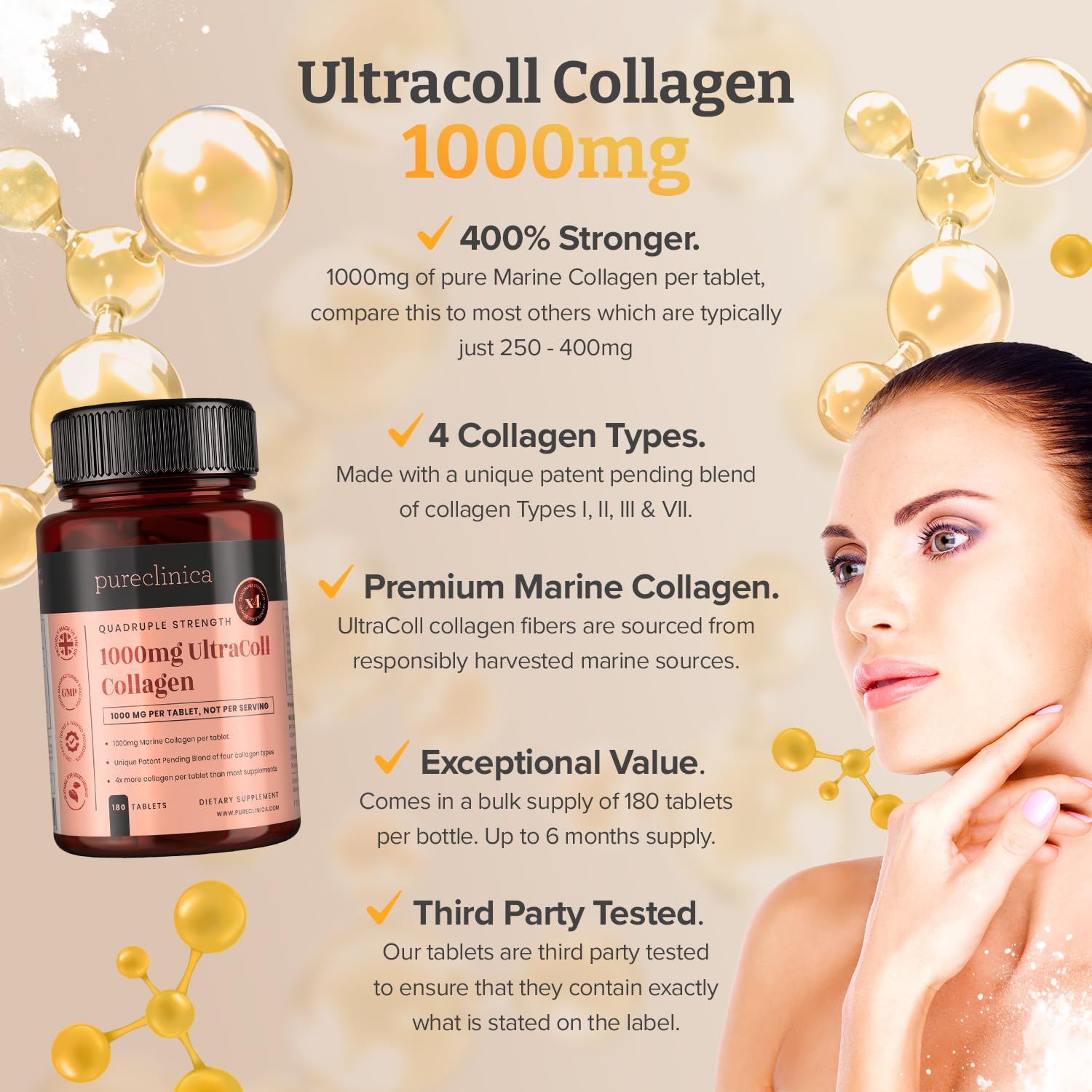 UltraColl Marine Collagen 1000mg x 1080 Tablets (6 Bottles of 180 Tablets) - 18 Months Supply with Patented Anti-Aging Collagen Types I, II, III & VII | Supports Skin Elasticity, Joint Health & Hair Growth | Perfect for Daily Wellness Routine & Anti-Aging Care