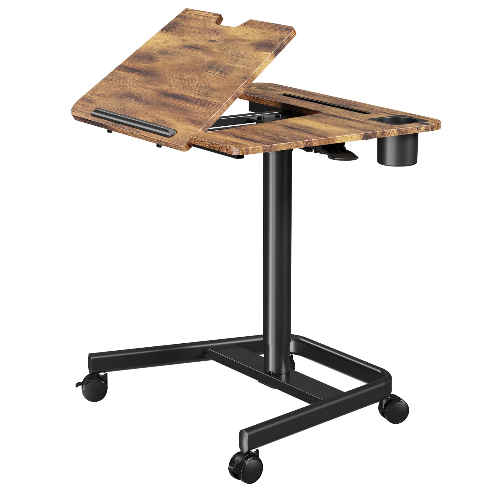 JOYworker Adjustable Mobile Standing Desk - Portable Sit Stand Workstation with Wheels, 60° Tilt & Cup Holder - Height Adjustable Laptop Table for Home Office, Bed, Couch & Hospital Use (22lbs Capacity, Rustic Finish) - Perfect for Remote Work, Nursing & Small Space Living