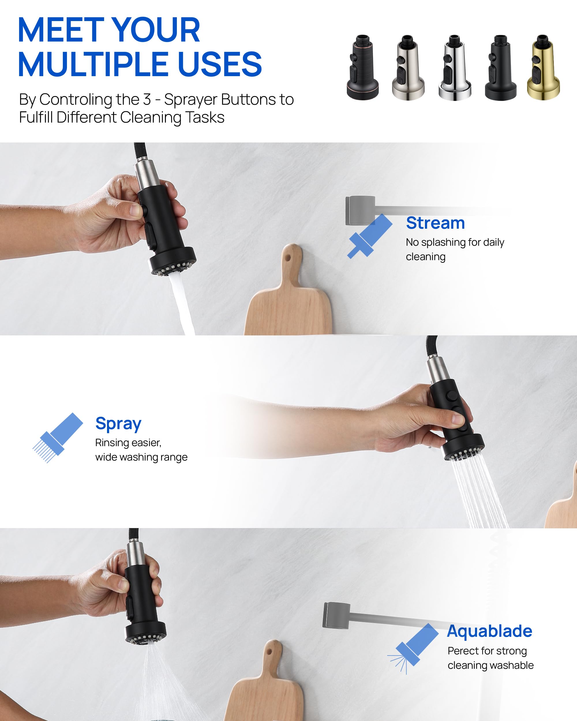 J-HVA Pull Down Kitchen Faucet Sprayer Head Replacement - 3 Function Spray Nozzle with 15 Adapters, Matte Black | Perfect for Pull Out Sink Sprayer Replacement, Dish Washing & Food Prep