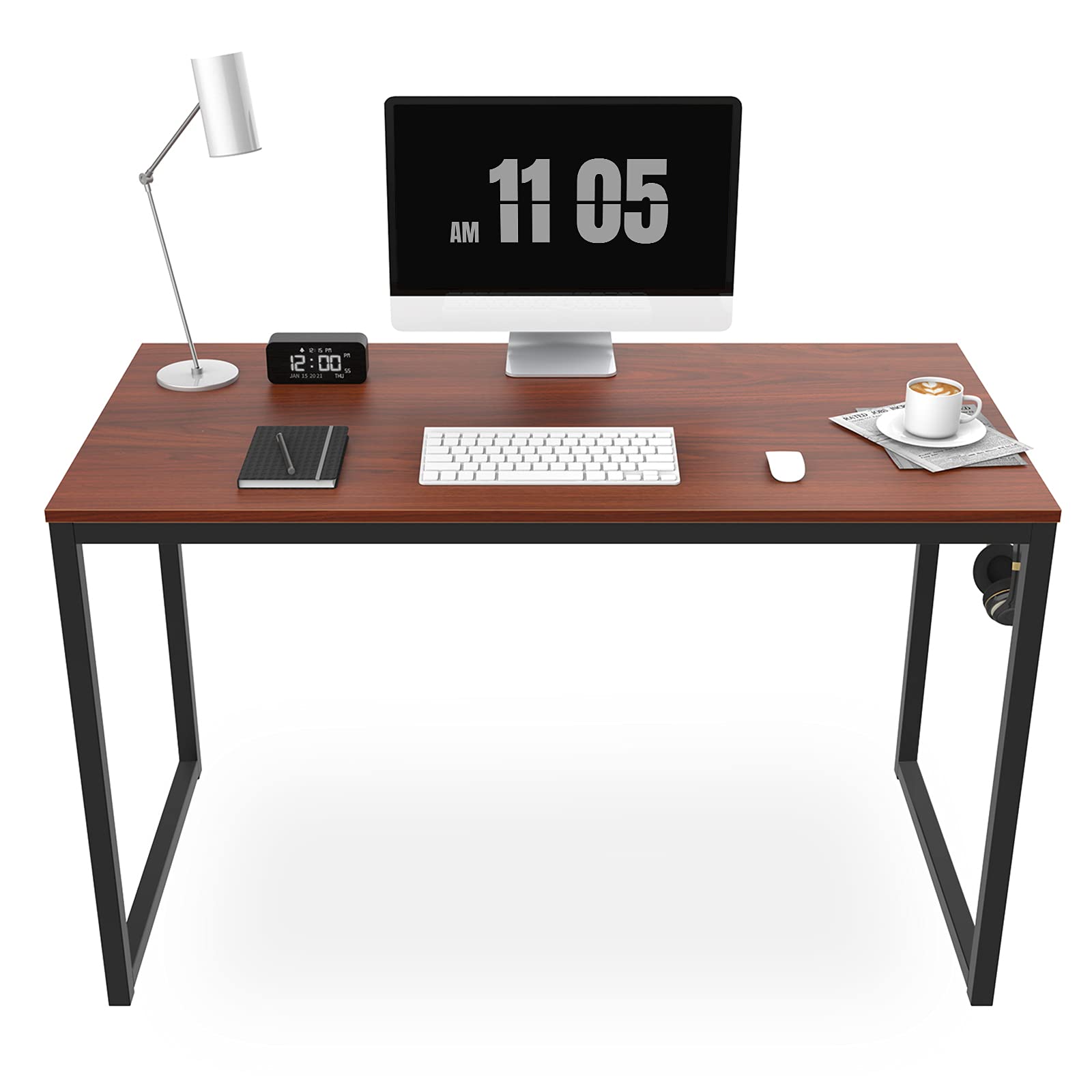 SANODESK 47 Inch Modern Computer Desk - Sturdy Writing Table for Home Office & Study, Space-Saving Design with Iron Hook for Organization (Mahogany) - Perfect for Remote Work, Online Classes & Small Spaces