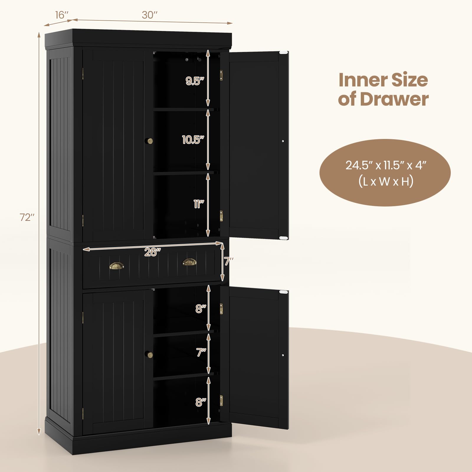 Freestanding Kitchen Pantry Cabinet - 6ft Tall Wood Storage Cupboard with 4 Adjustable Shelves, 2 Pantry Doors & 1 Drawer - Black Utility Organizer for Kitchen, Bathroom, Living Room & Hallway - Perfect for Small Space Storage & Home Organization