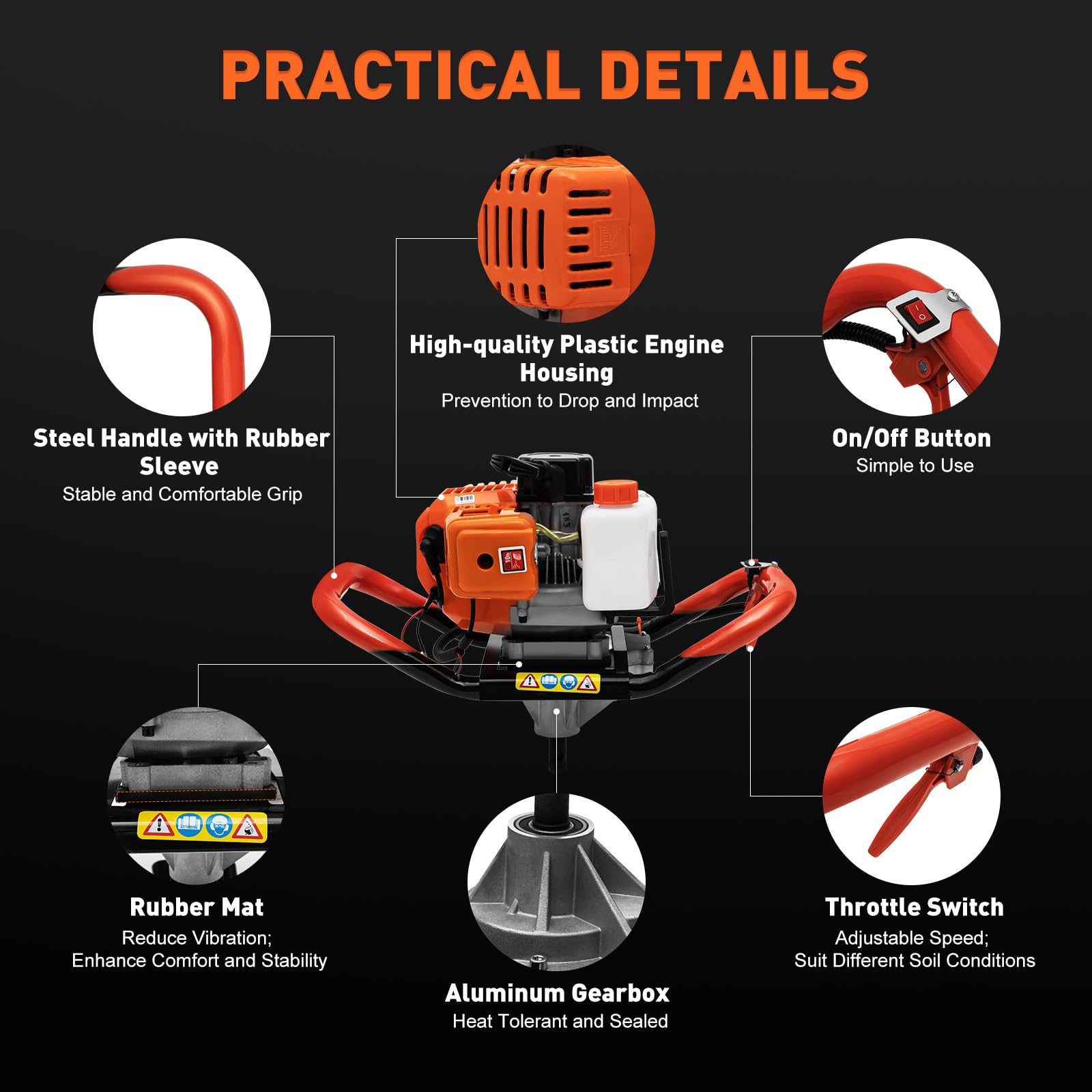 52CC Gas Post Hole Digger - 1.98HP 2-Stroke Engine with Air-Cooled Cylinder & 1.2L Fuel Tank - Includes 3 Drill Bits (4