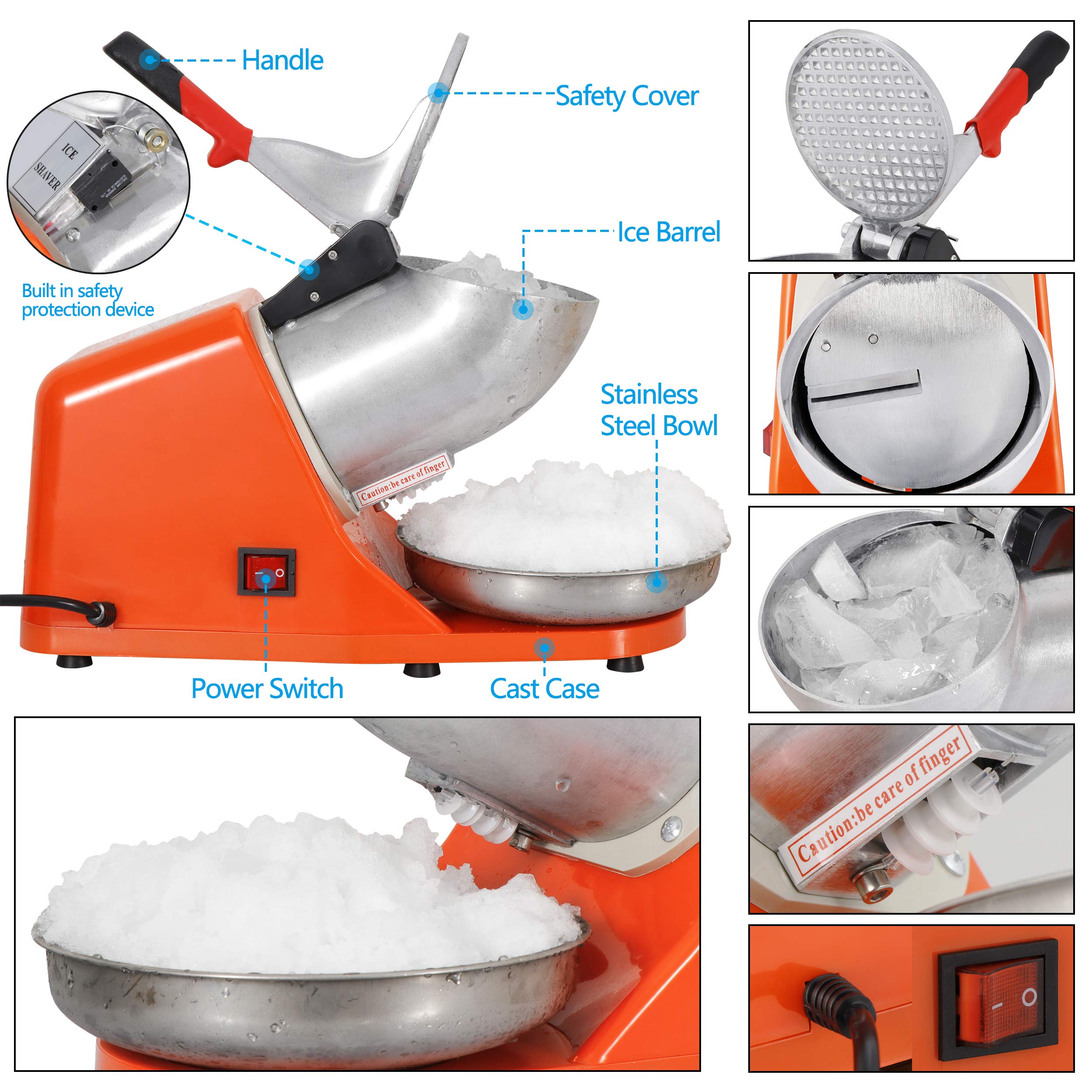 ZENY Electric Ice Crusher Machine - 145lbs/Hour Stainless Steel Snow Cone Maker & Shaved Ice Machine for Home & Commercial Use (Orange) - Perfect for Parties, Cocktails, and Summer Treats