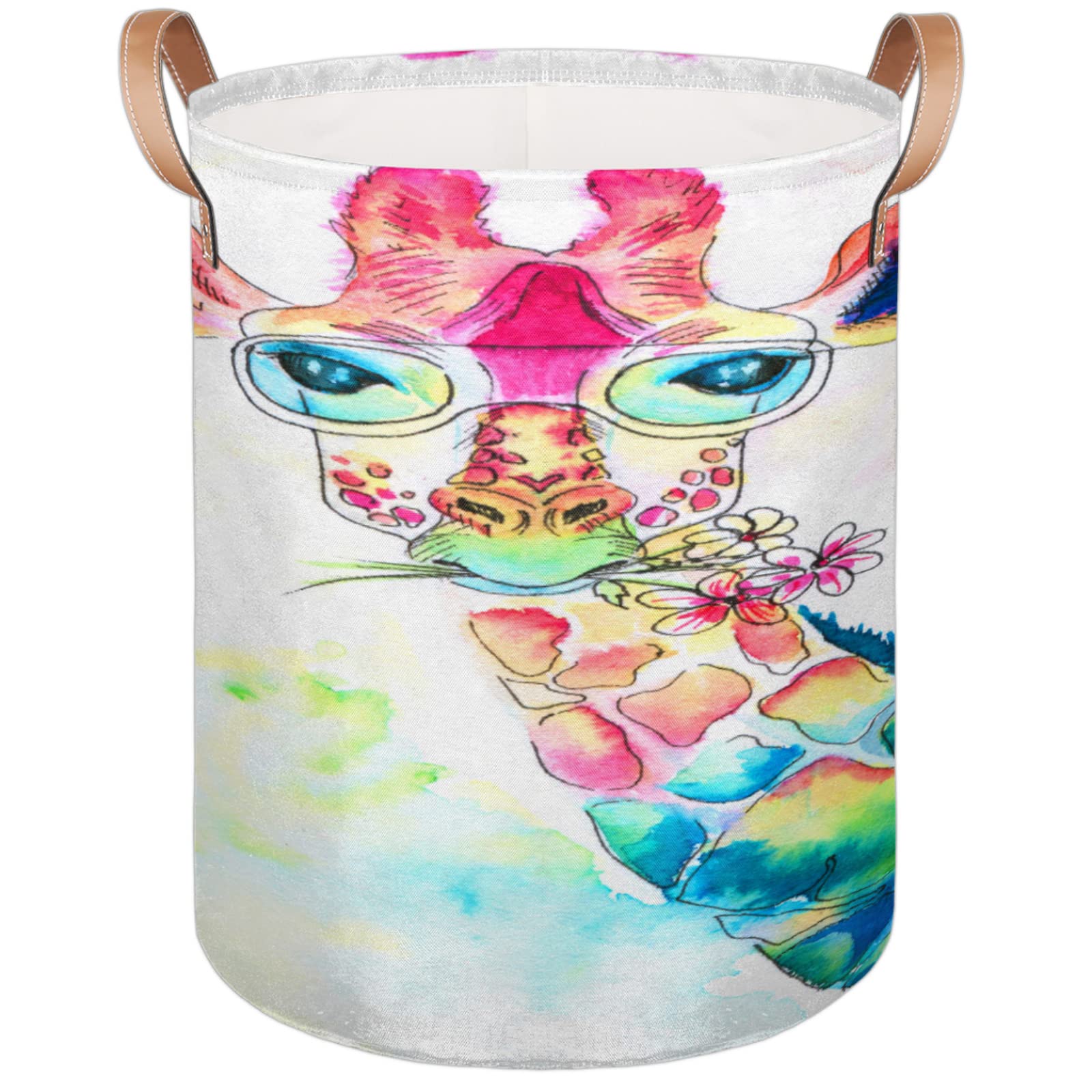 Collapsible Laundry Basket with Lid - Waterproof Giraffe Design Clothes Hamper for Dirty Laundry & Toys | Foldable Storage Bin with Drawstring & Watercolor Animal Print - Perfect for Bedroom, Nursery, or Dorm Organization