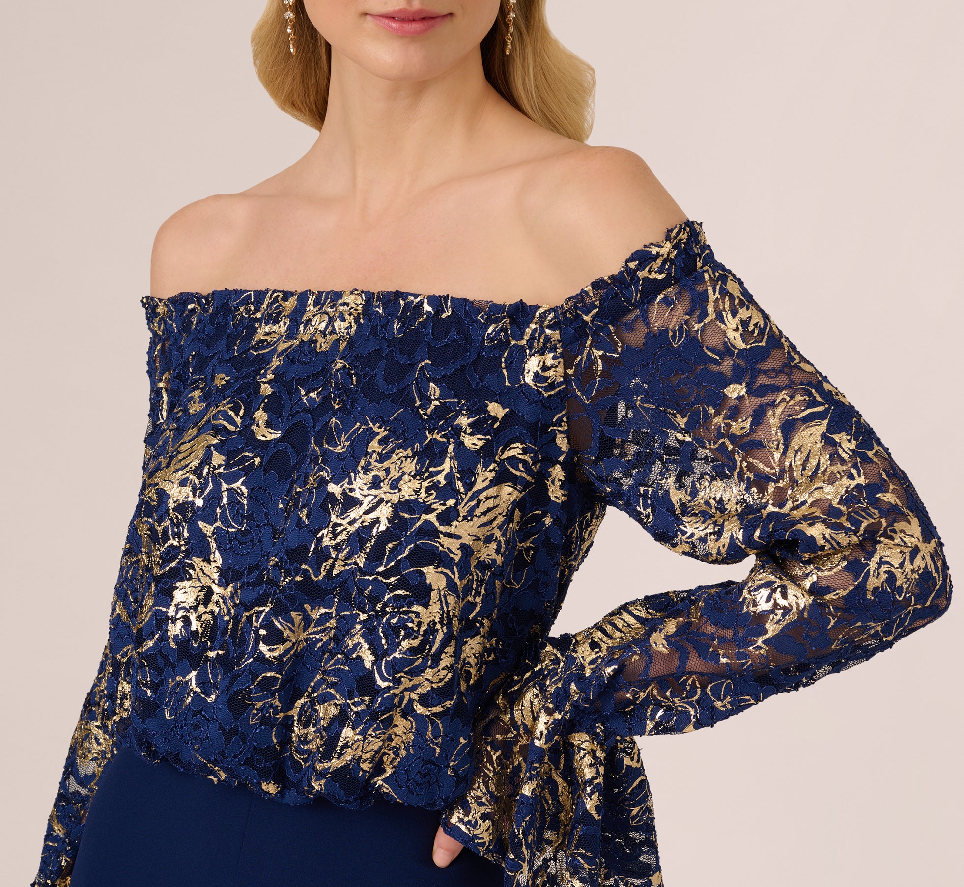 Navy Gold Lace and Crepe Jumpsuit for Women - Elegant Party Outfit & Evening Wear for Weddings, Dinners, and Special Occasions