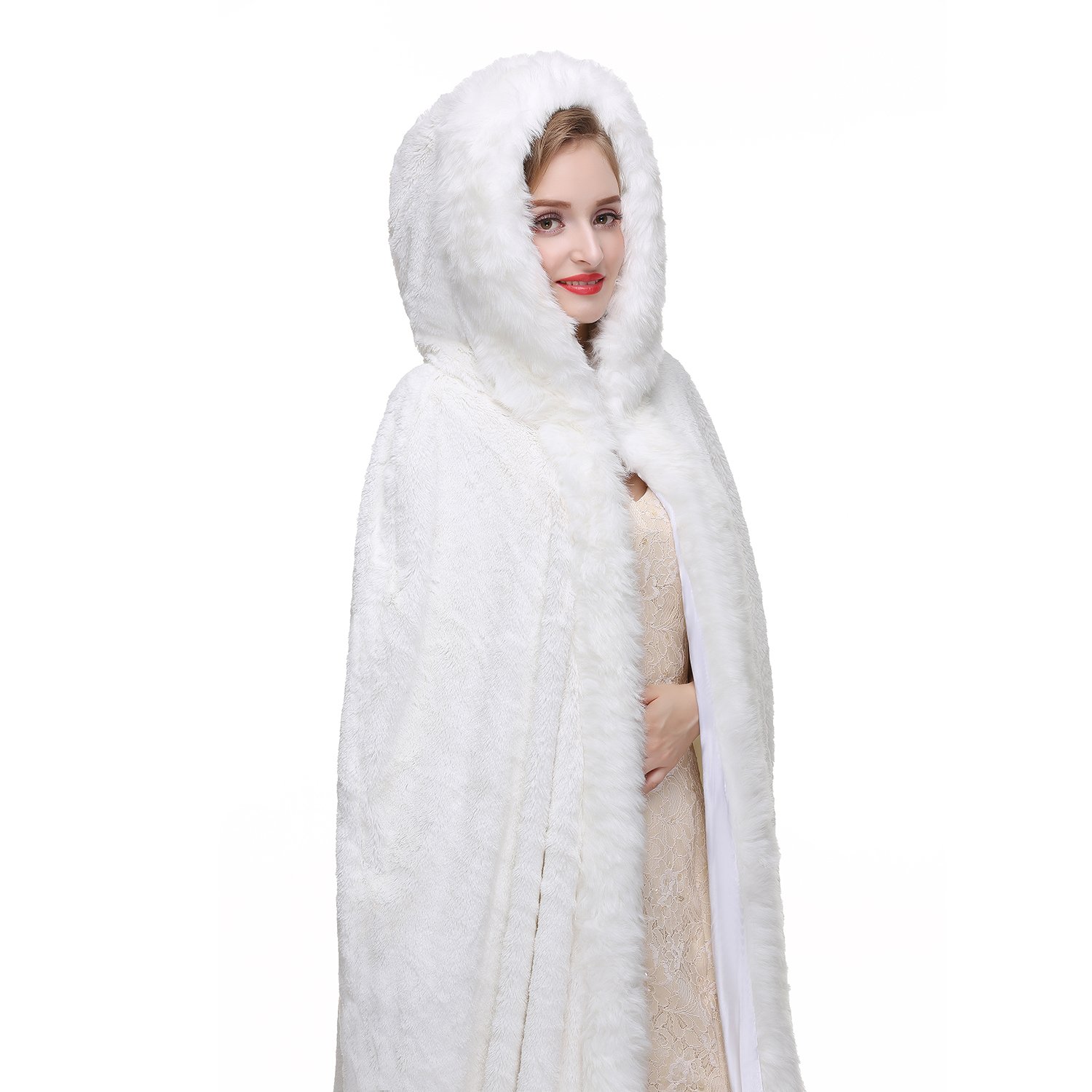 Elegant White Hooded Bridal Cape - Winter Wedding Cloak for Women, Medium Size, Warm Fleece Lining - Perfect for Outdoor Ceremonies, Photoshoots & Cold Weather Receptions