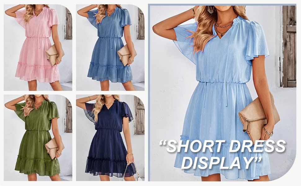 Infashule Women's Summer Dresses 2023 - Short Sleeve V-Neck Ruffle Flowy A-Line Swing Dress for Casual Outings, Beach Vacations & Date Nights
