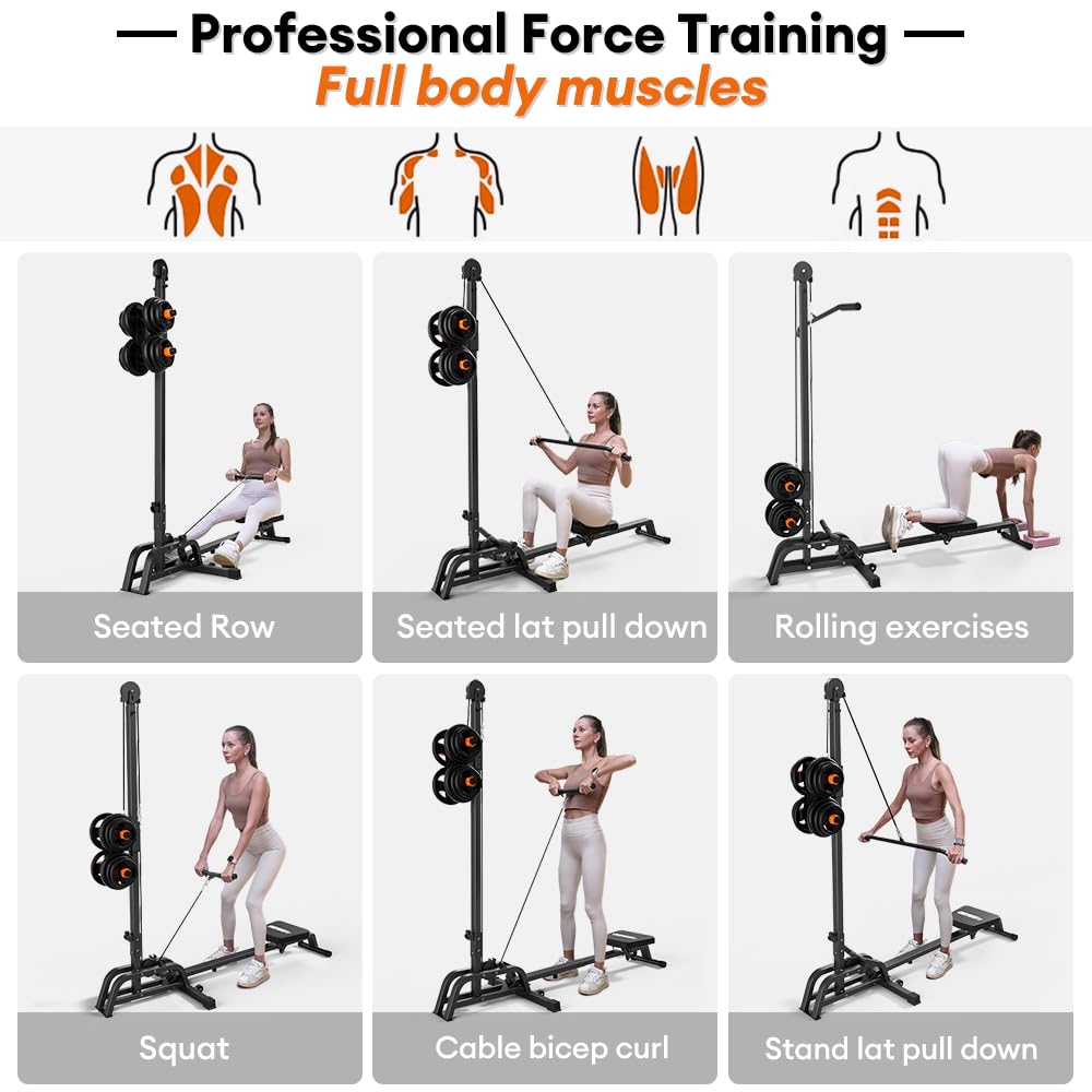 ONETWOFIT Foldable Rowing Machine & LAT Pull Down Machine - 2-in-1 Multifunctional Home Gym Equipment for Full Body Workout, Compact Design with 300lbs Weight Capacity - Perfect for Small Spaces, Home Fitness & Strength Training