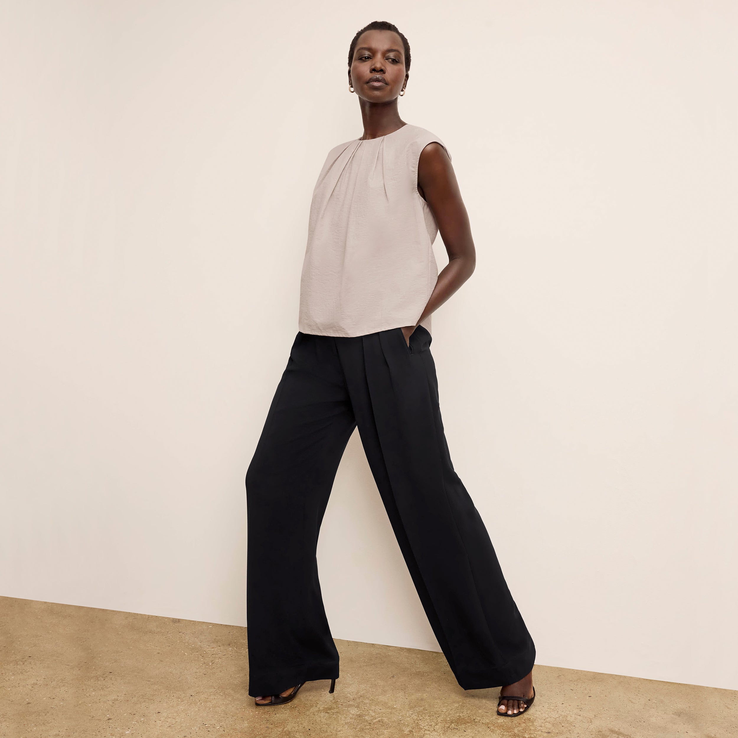 Bia Pleated Trousers for Women - High Waist Everyday Crepe Pants with Topstitch Detail - Comfortable Office Work Pants - Black - Perfect for Business Casual & Professional Wear