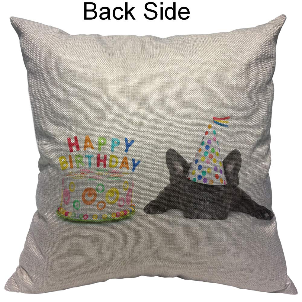 French Bulldog Decorative Pillow Cover - Cute Birthday Party Design with Cake, Candles & Hat (20x20 Inch) | Cotton Linen Square Throw Pillow Case for Couch, Bed, Sofa | Perfect for Home Decor, Living Room Accents & Pet Lover Gifts