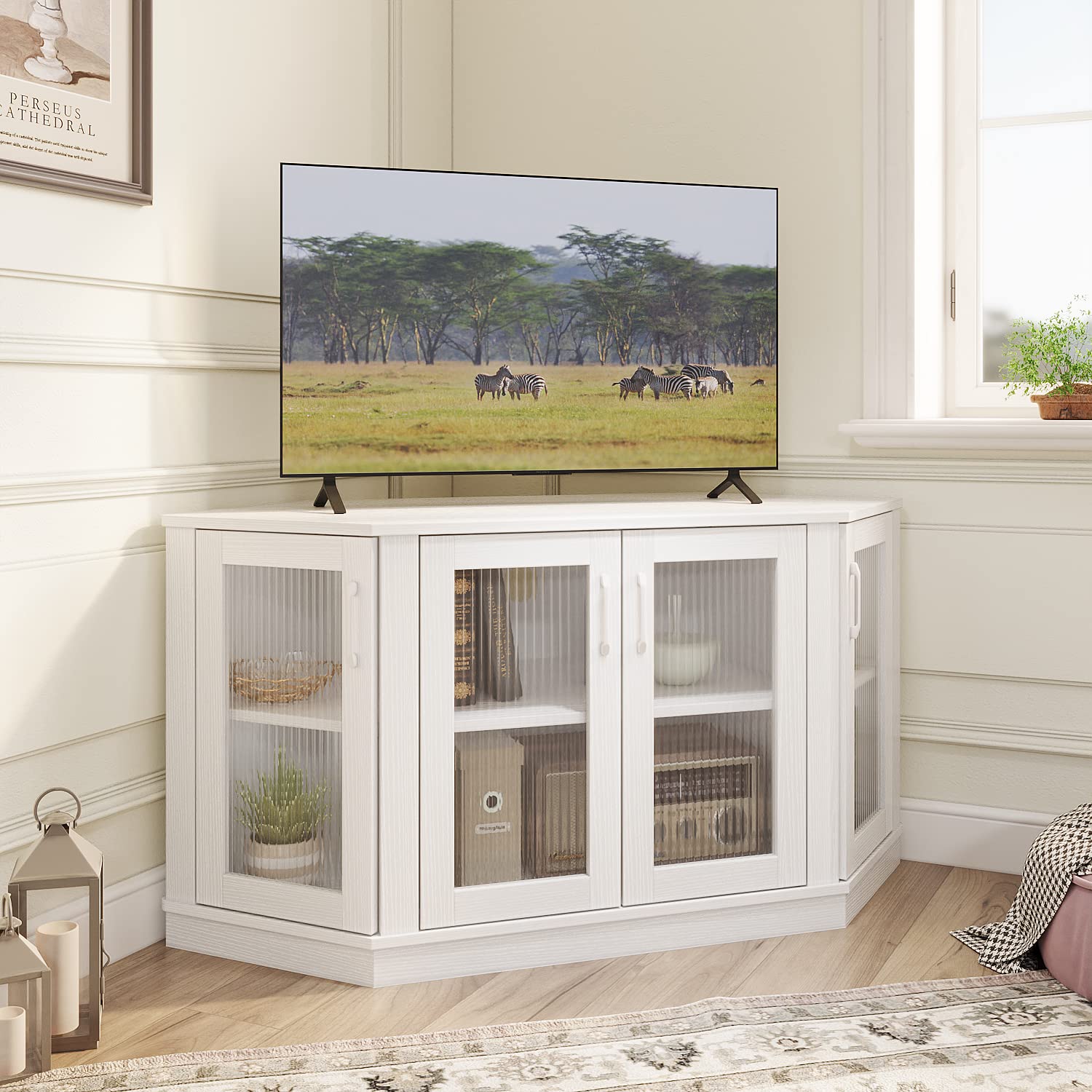 Panana 47 Inch Corner TV Stand with 4 Doors & Shelves - White Media Console for Living Room, Fits TVs up to 51 Inch - Perfect for Small Spaces & Apartment Entertainment Centers