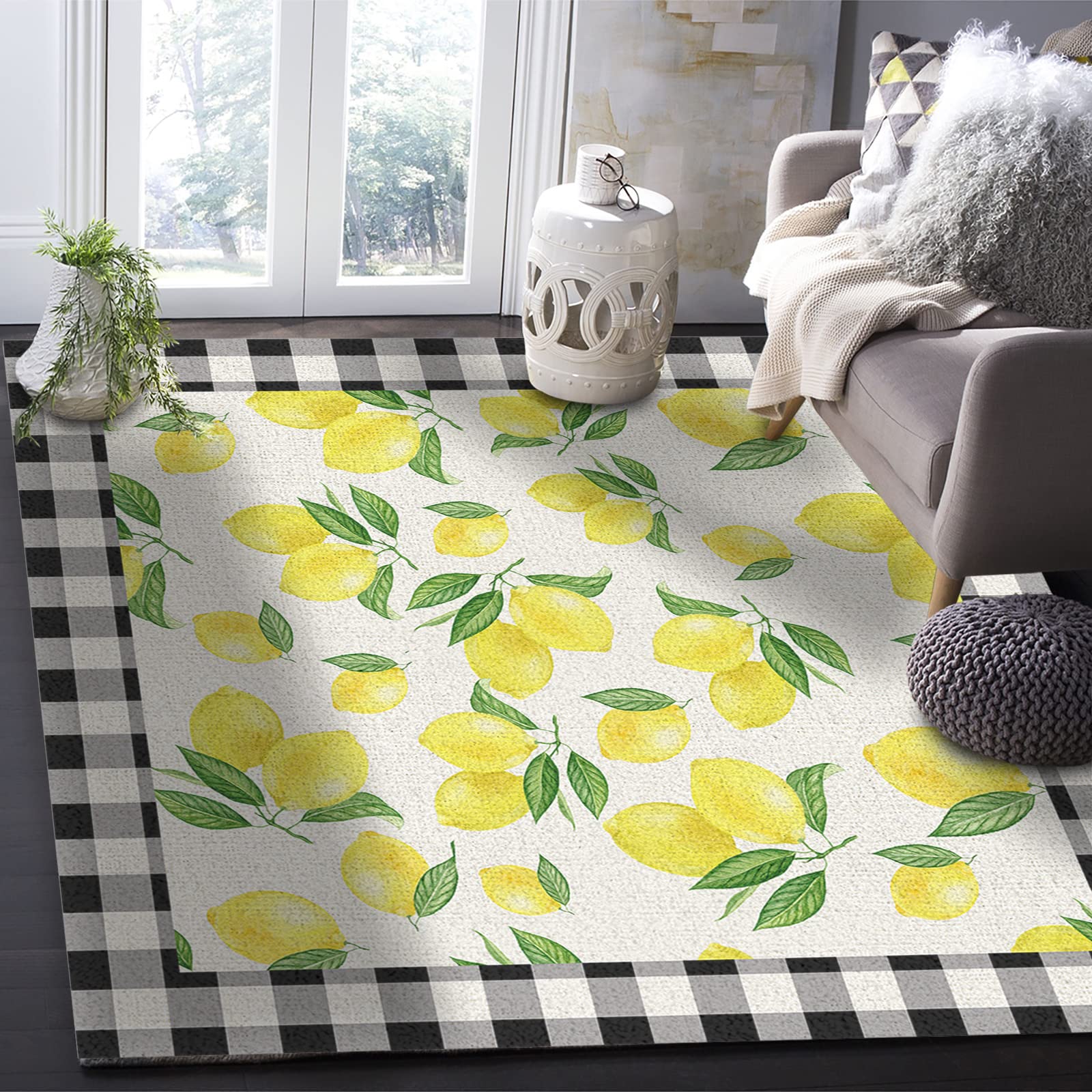5'x8' Large Non-Slip Area Rug - Farmhouse Lemon Print Plaid Frame Carpet for Bedroom, Living Room, Kitchen, Kids Room | Summer Fruits Design with Burlap Backing | Perfect for Home Decor, Photo Backdrops and Cozy Floor Covering