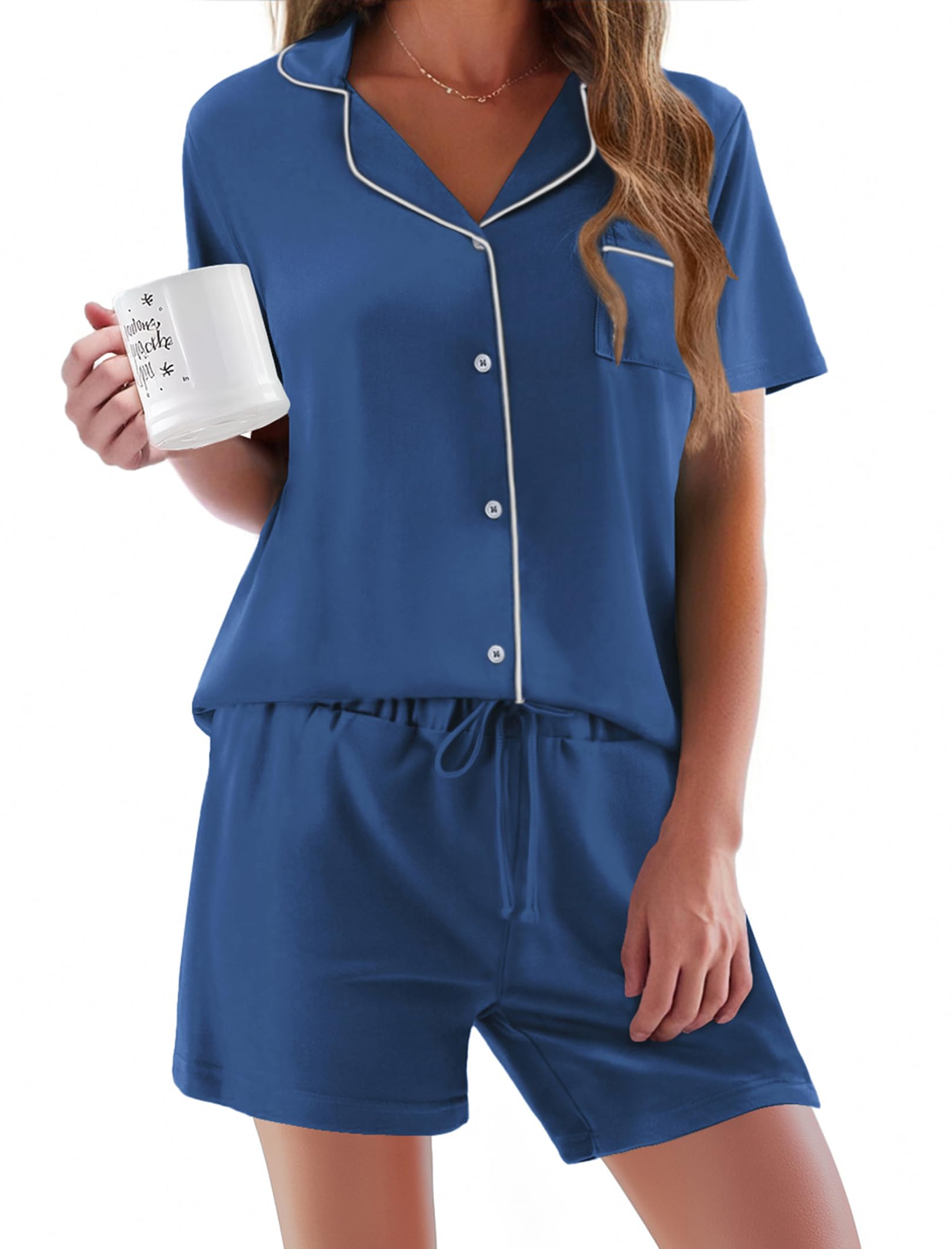 Ekouaer Women's Soft Short Sleeve Pajama Set - 2 Piece Button Down Sleepwear & Lounge Outfit for Comfortable Nights, Relaxing at Home, and Cozy Weekends