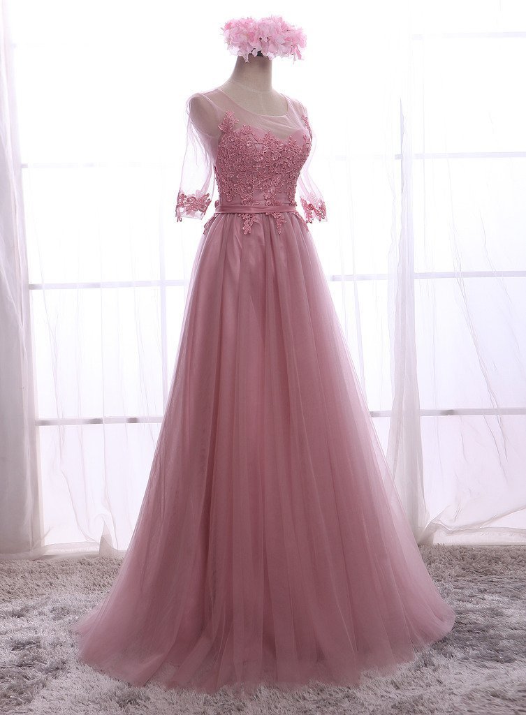 Elegant Women's Half Sleeves Lace Applique Tulle Long Formal Evening Dress for Prom, Wedding, Gala & Special Occasions