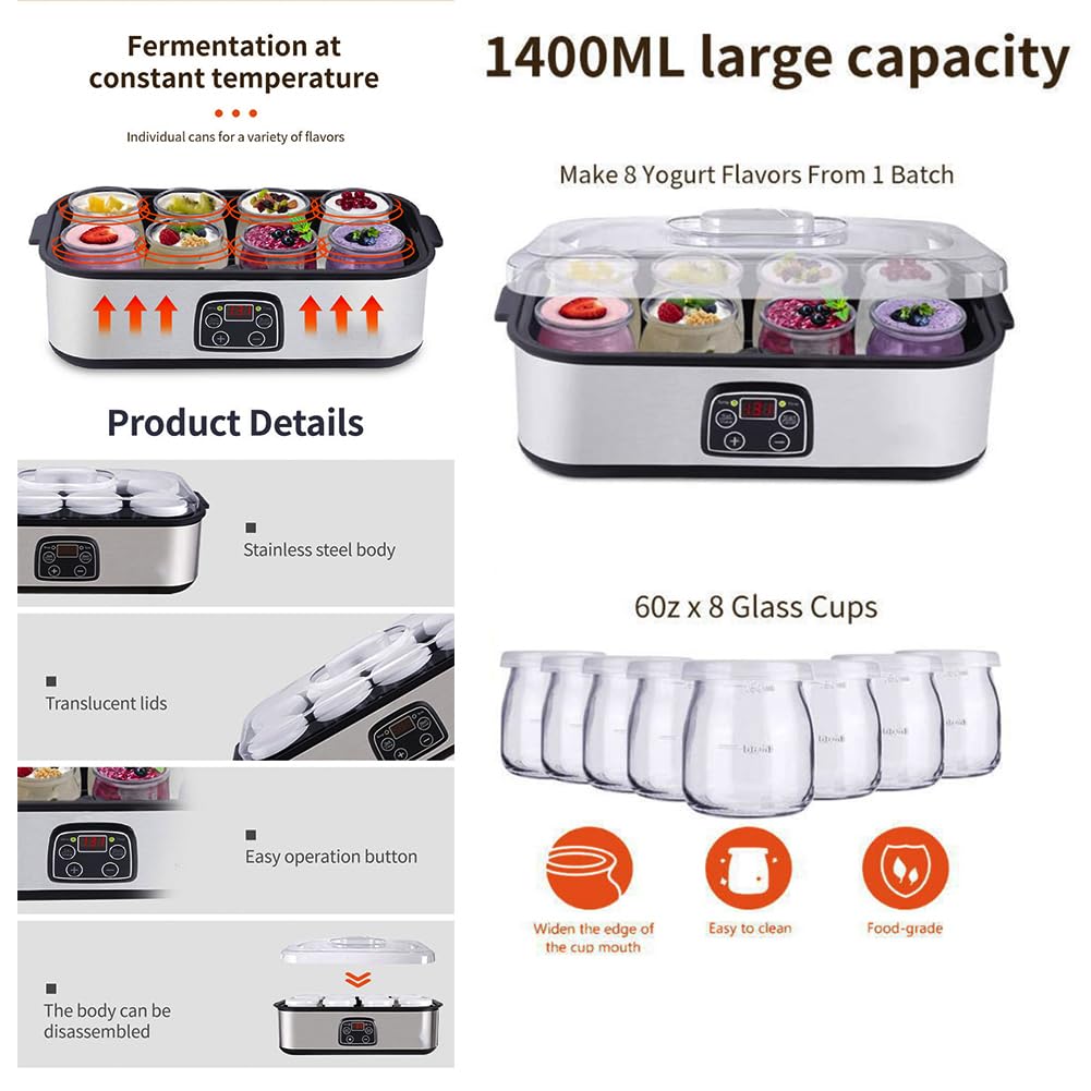 Stainless Steel Probiotic Yogurt Maker - 1400ml Capacity, Adjustable Temperature & Time Control, 36-Hour Fermentation, Includes 8 Glass Jars for Gut Health (Shape-A) | Perfect for Home Kitchen, Healthy Breakfast & Probiotic-Rich Snacks