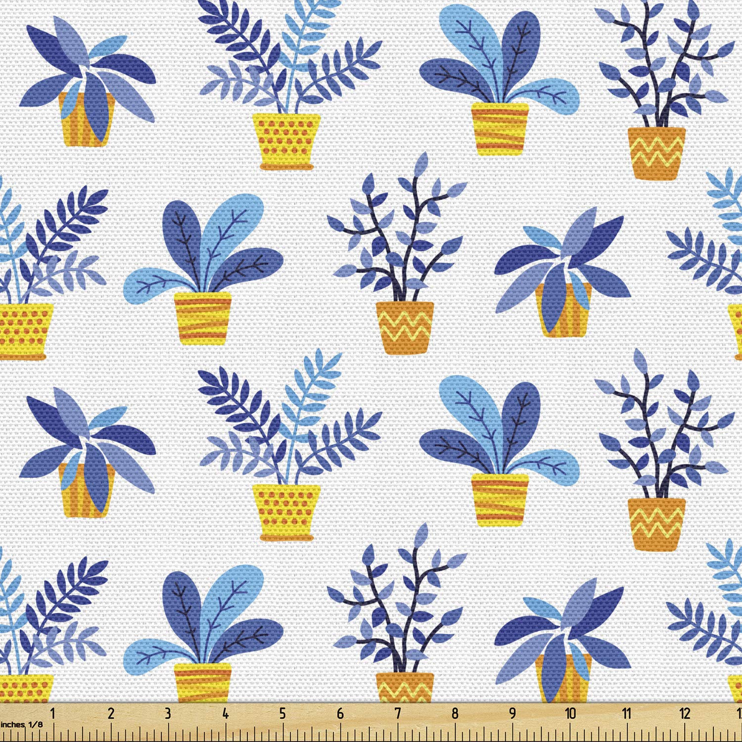 Ambesonne Botanical Fabric by The Yard - Plants in Pots with Zigzags, Polka Dots & Stripes - Decorative Upholstery & Home Accent Fabric - 10 Yards - Mustard Azure Blue - Perfect for DIY Curtains, Pillows & Table Runners