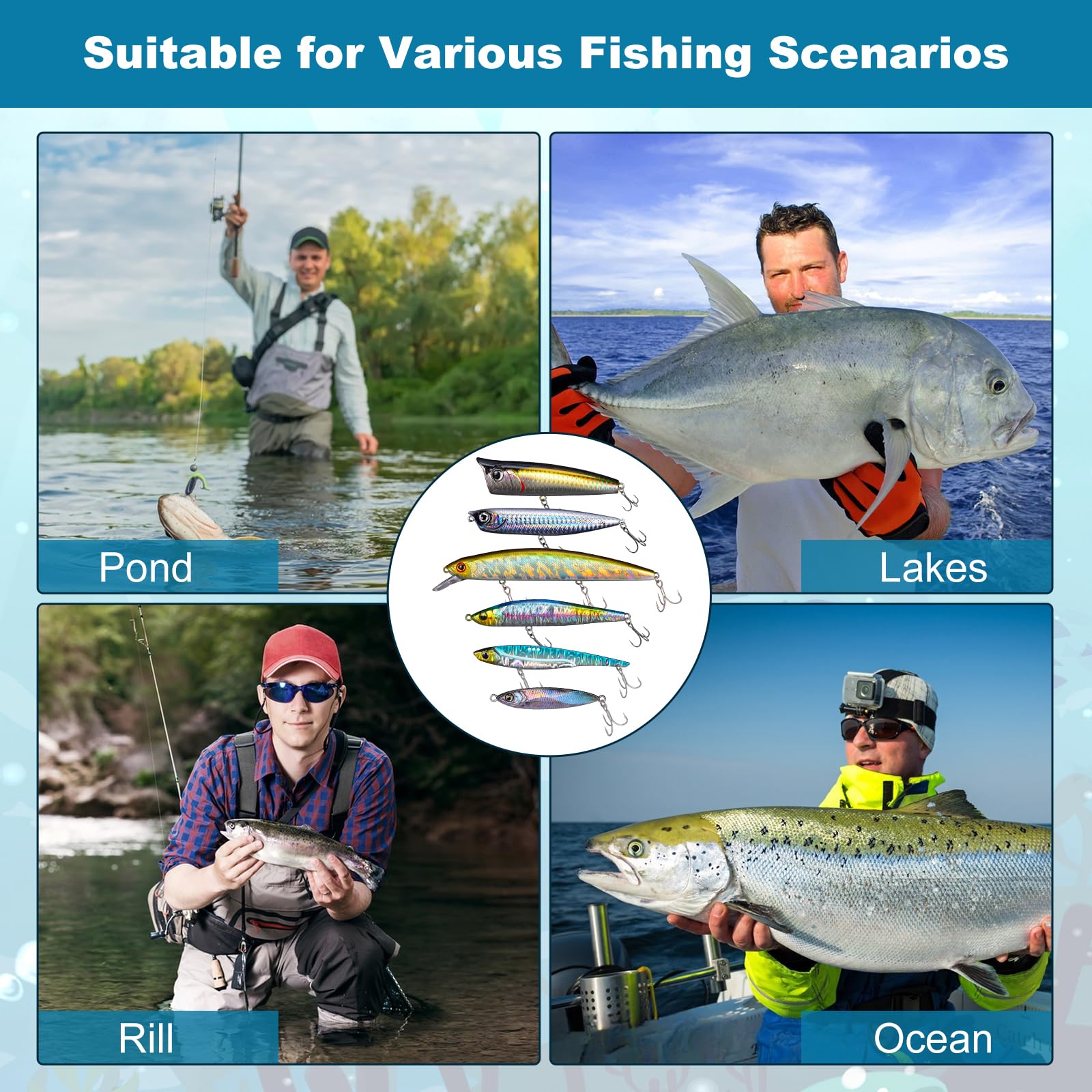 GULULUT Premium Freshwater & Saltwater Fishing Lures Set - Popper, Minnow, VIB Baits for All Water Depths | Ideal Fishing Gear for Men & Perfect Gift for Dad | Great for Bass, Trout & Saltwater Fishing Trips