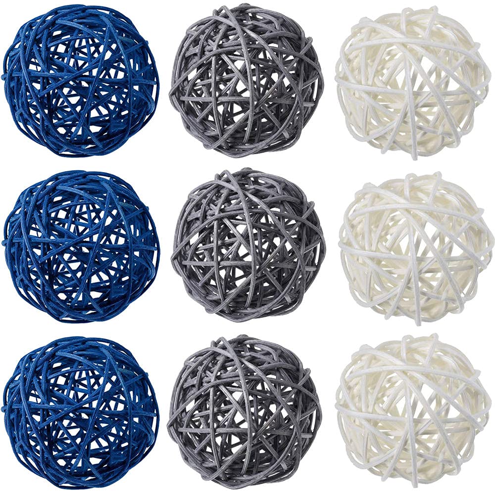 9 Pcs 3 Inch Wicker Balls Decor, Natural Rattan Balls for Home Decor, DIY Vase Filler, Table Centerpiece, Wedding & Baby Shower Decorations (White, Navy, Grey) - Perfect for Boho, Farmhouse & Nursery Room Styling