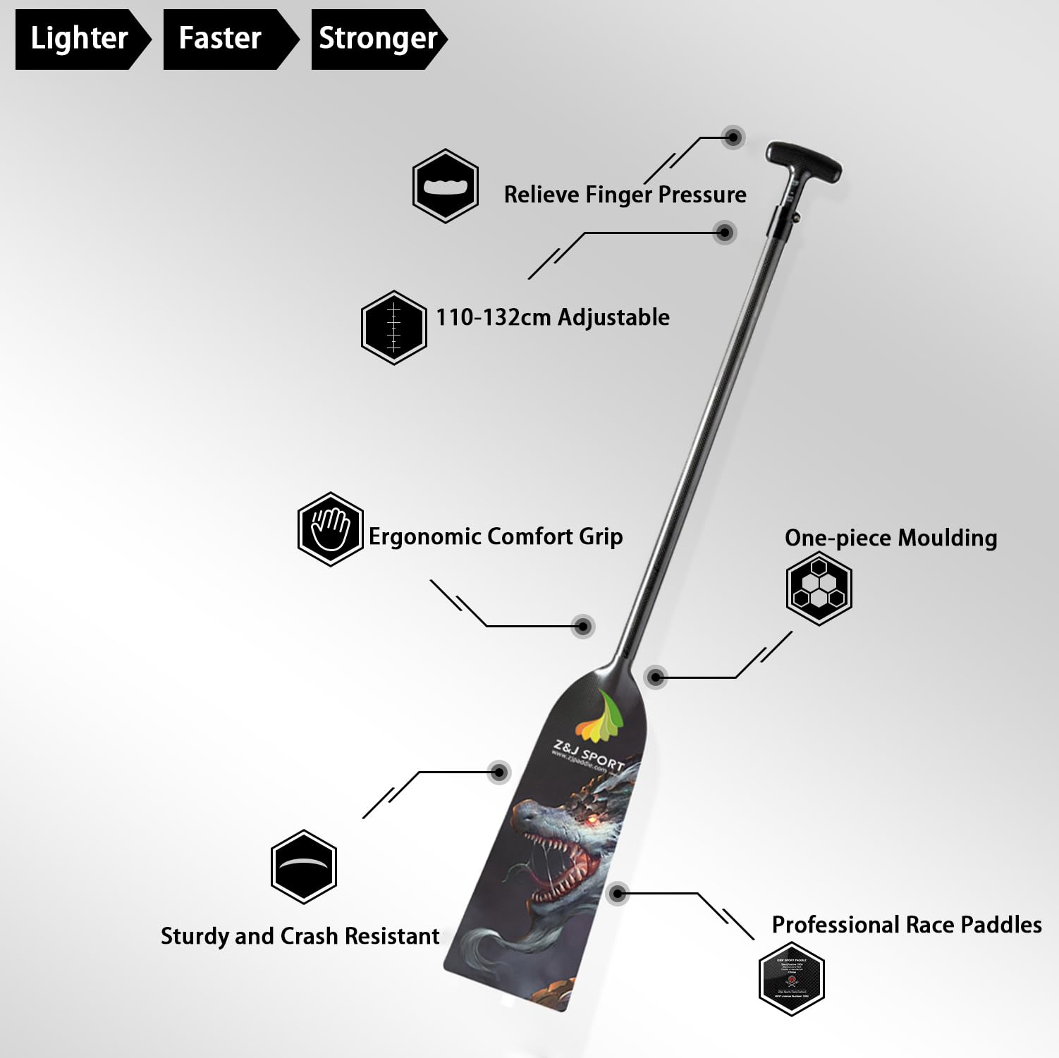 Z&J SPORT Carbon Fiber Dragon Boat Paddle - IDBF Approved Adjustable Paddle with Dragon Graphic & T-Handle for Racing | Perfect for Competitive Dragon Boat Teams & Training