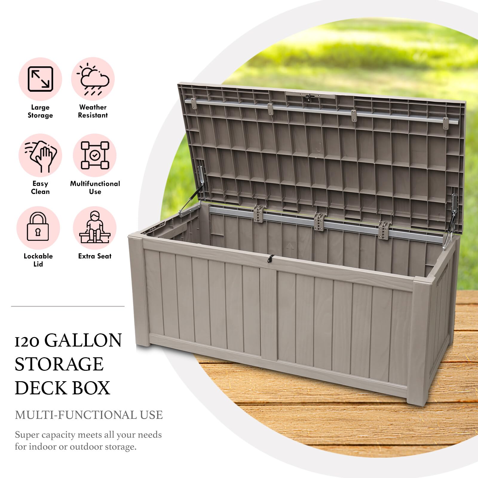 120 Gallon Outdoor Storage Box - Waterproof Resin Deck Box with Lock | Large Patio Storage Container for Furniture, Cushions, Garden Tools & Pool Supplies | Durable Taupe Deck Box for Backyard, Poolside & Garage Organization