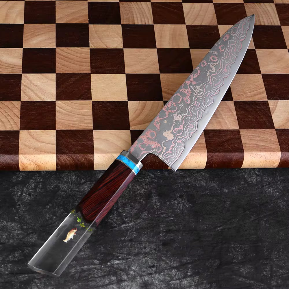 Premium Damascus Steel Chef Knife - Noble Copper & Cobalt Alloy Blade with Exotic Bloodwood Resin Handle - Professional Kitchen Knife for Cooking, Slicing & Food Prep - Perfect Gift for Chefs & Home Cooks