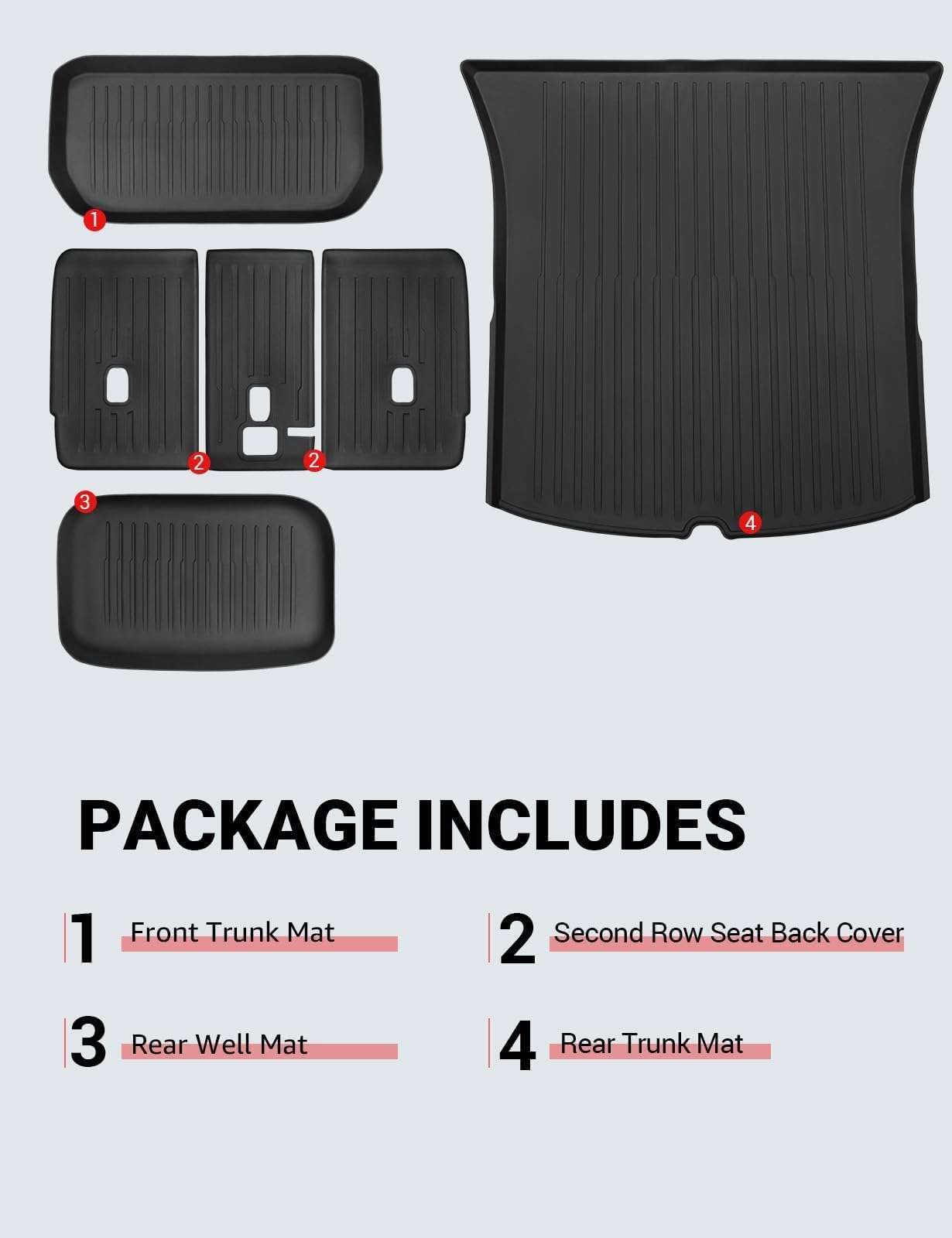 BASENOR 2025 Tesla Model Y All-Weather Waterproof Trunk Mat & Cargo Liner Set - TPE Anti-Slip Rear Trunk Mat, Frunk Liner & 2nd Row Seat Back Protector - Interior Accessories for Tesla Model Y 2020-2024 | Perfect for Road Trips, Camping & Daily Protection