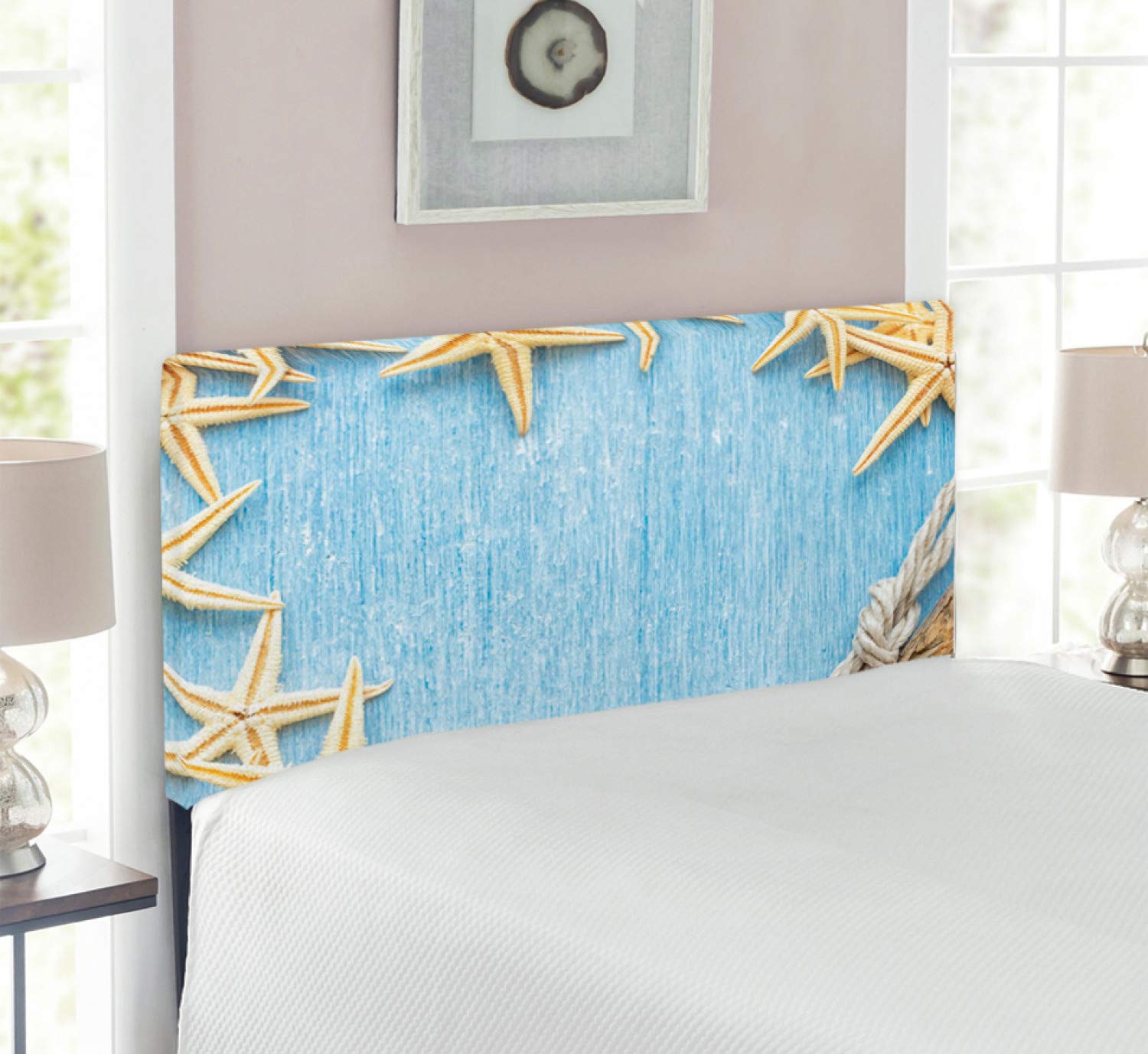 Ambesonne Seashells Upholstered Headboard - Twin Size Blue Ivory Vintage Maritime Beach Theme with Memory Foam - Perfect for Coastal Bedroom Decor & Guest Room Makeover