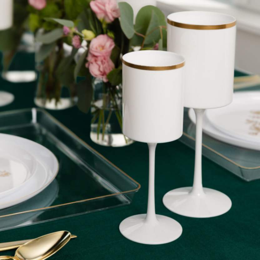 14 Oz White and Gold Plastic Stemmed Wine Goblets - Set of 5 Shatterproof Cups for Wedding, Party, and Outdoor Events