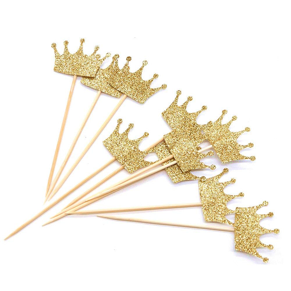 20Pcs Gold Glitter Confetti Crown Cupcake Toppers - First Birthday, Baby Shower & Wedding Cake Decorations - Perfect for Party Food, Dessert Table & Celebration Decor