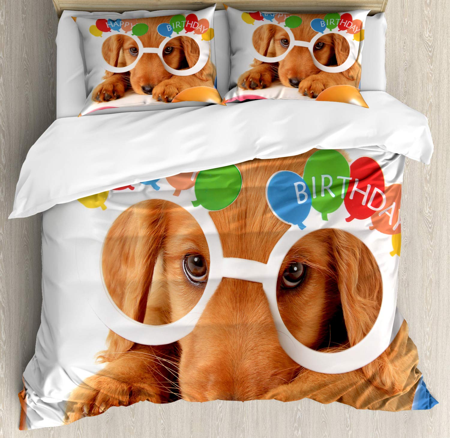 Ambesonne Birthday Party Duvet Cover Set - Celebration Puppy Dog with Golden Glasses & Balloons Themed 3-Piece Bedding Set (California King, Multicolor) for Kids' Rooms, Birthday Decorations & Fun Bedroom Makeovers