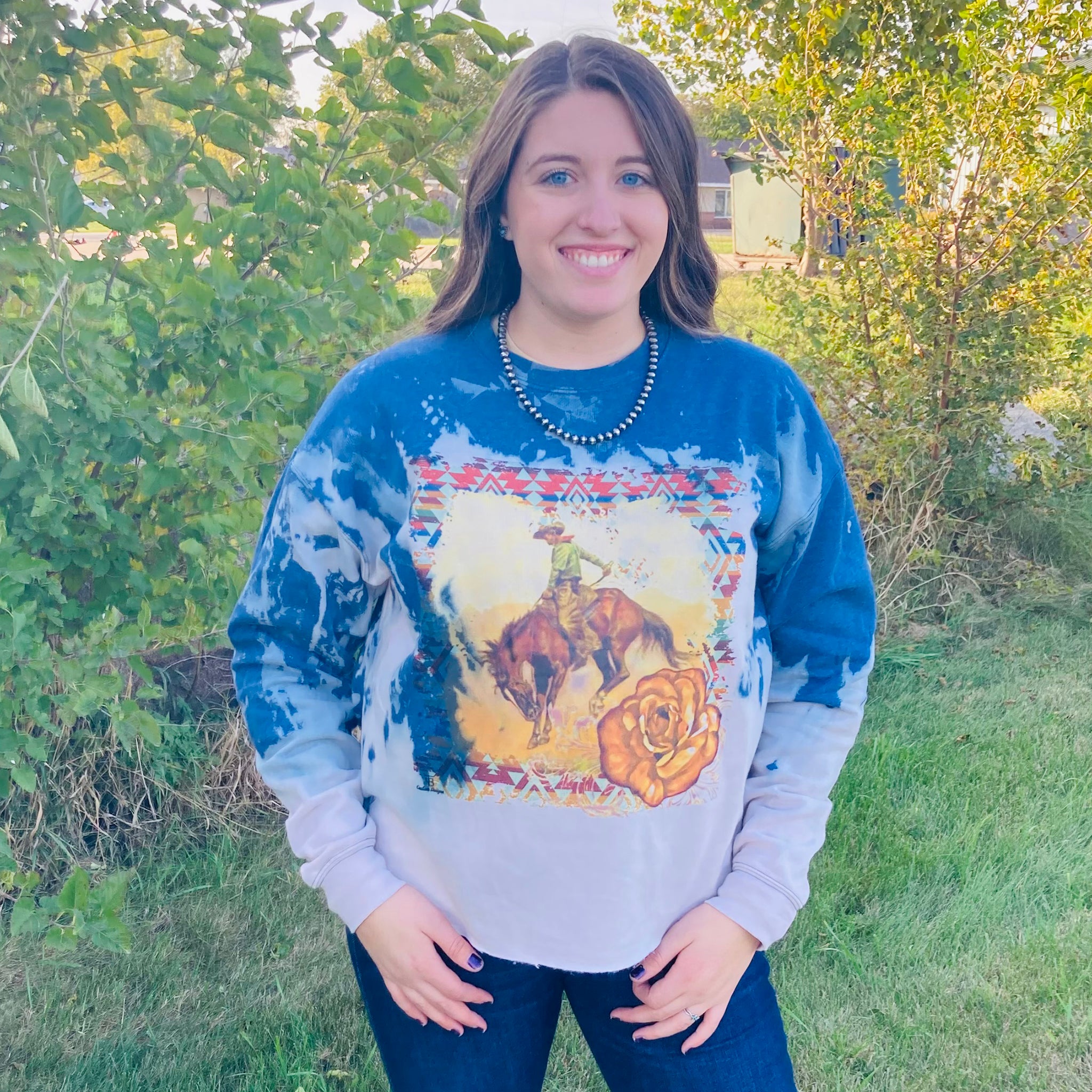 4B Women's Bronc Denim Yellow Rose Sweatshirt - Western Style Pullover for Cowgirl Fashion | Perfect for Rodeo, Country Concerts & Casual Wear