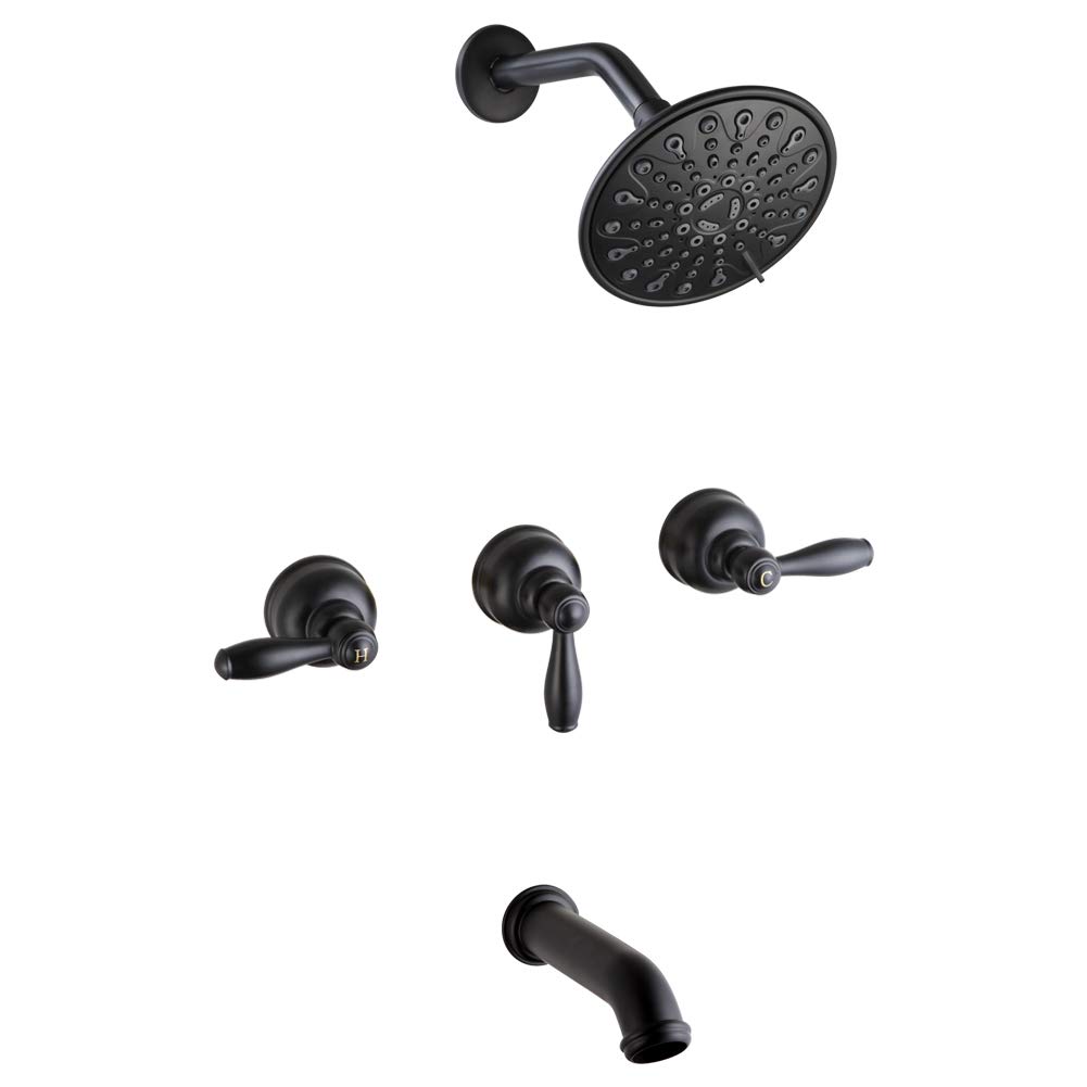 Premium Matte Black 3-Handle Tub and Shower Faucet Set with 6-Spray Shower Head - Bathroom Mixer Valve Trim Kit for Bathtub & Shower - Perfect for Modern Bathroom Renovations & Spa-Like Showers