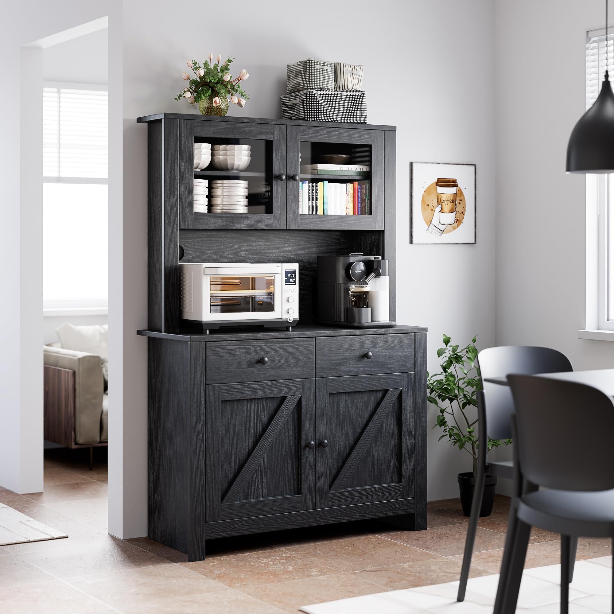 Freestanding Kitchen Pantry Cabinet with Microwave Stand & Adjustable Shelves - Buffet Hutch Cupboard for Dining Room & Kitchen Storage - Black (Ideal for Small Spaces & Apartment Living)