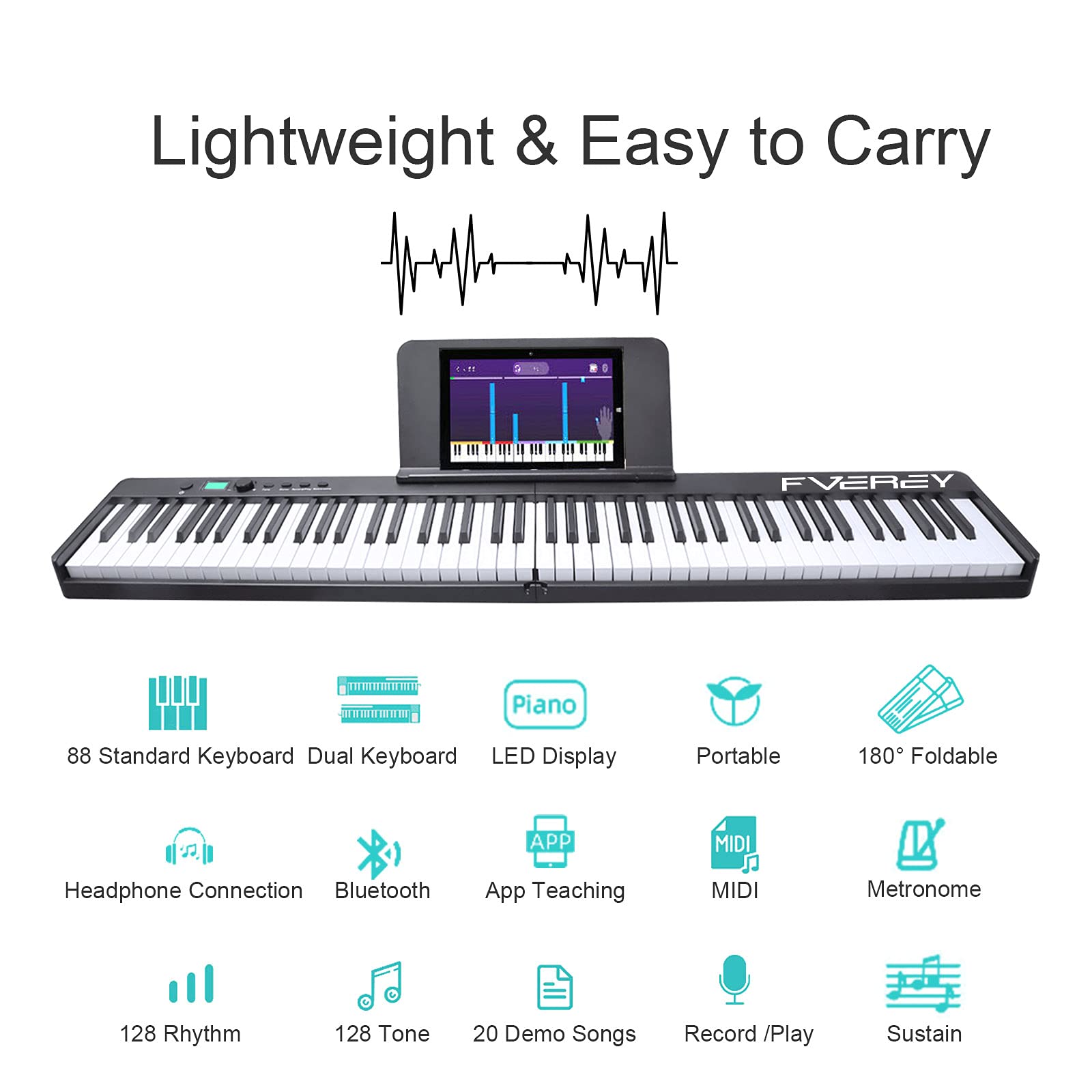FVEREY 88 Key Folding Piano Keyboard - Semi-Weighted Portable Digital Piano with Sustain Pedal, Bluetooth & USB MIDI - Full Size Electric Keyboard for Beginners & Adults - Perfect for Home Practice, Travel & Studio Recording