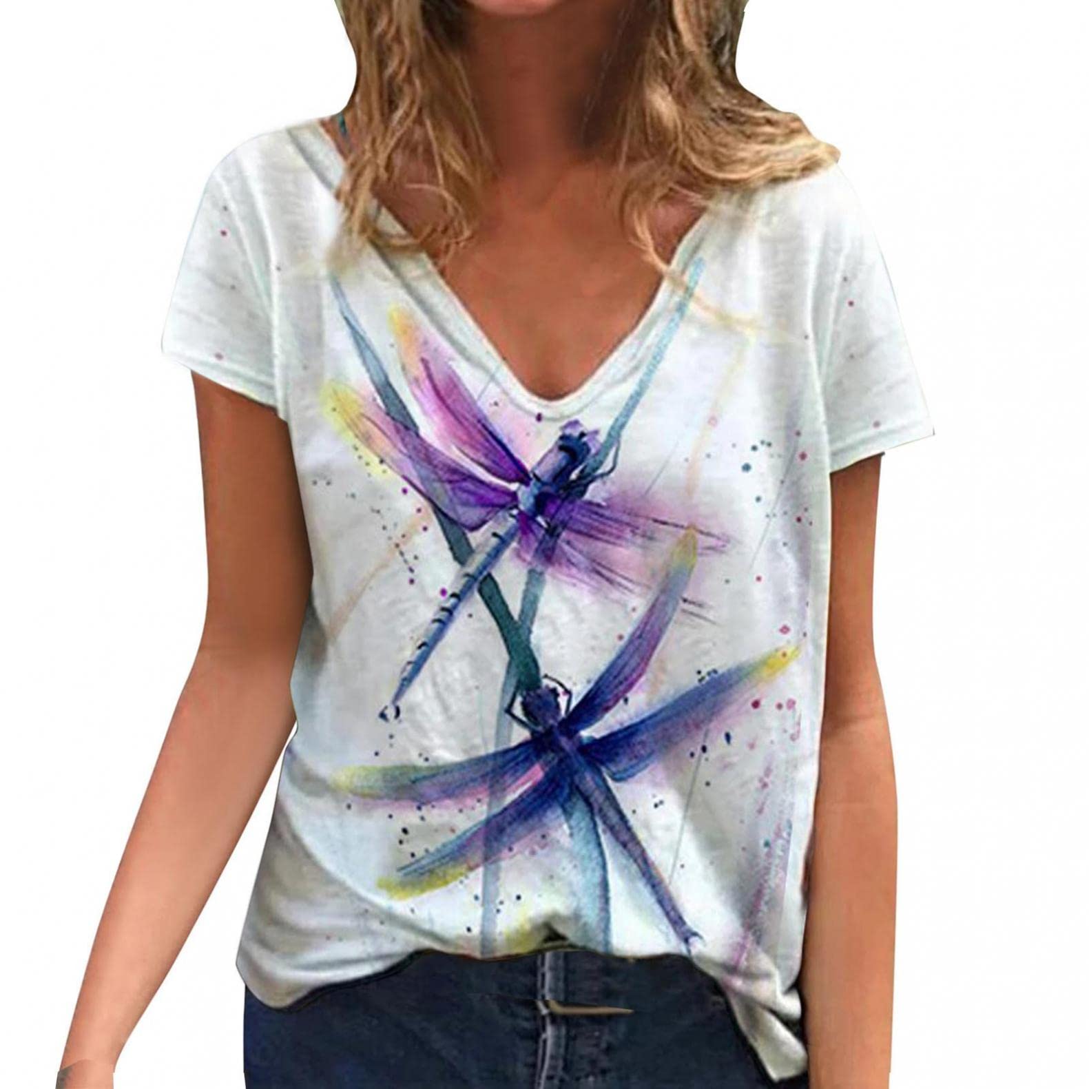 Women's Dragonfly Printed V-Neck Short Sleeve Blouse - Loose Floral Tunic Top Casual Tee for Summer Outfits & Beach Wear