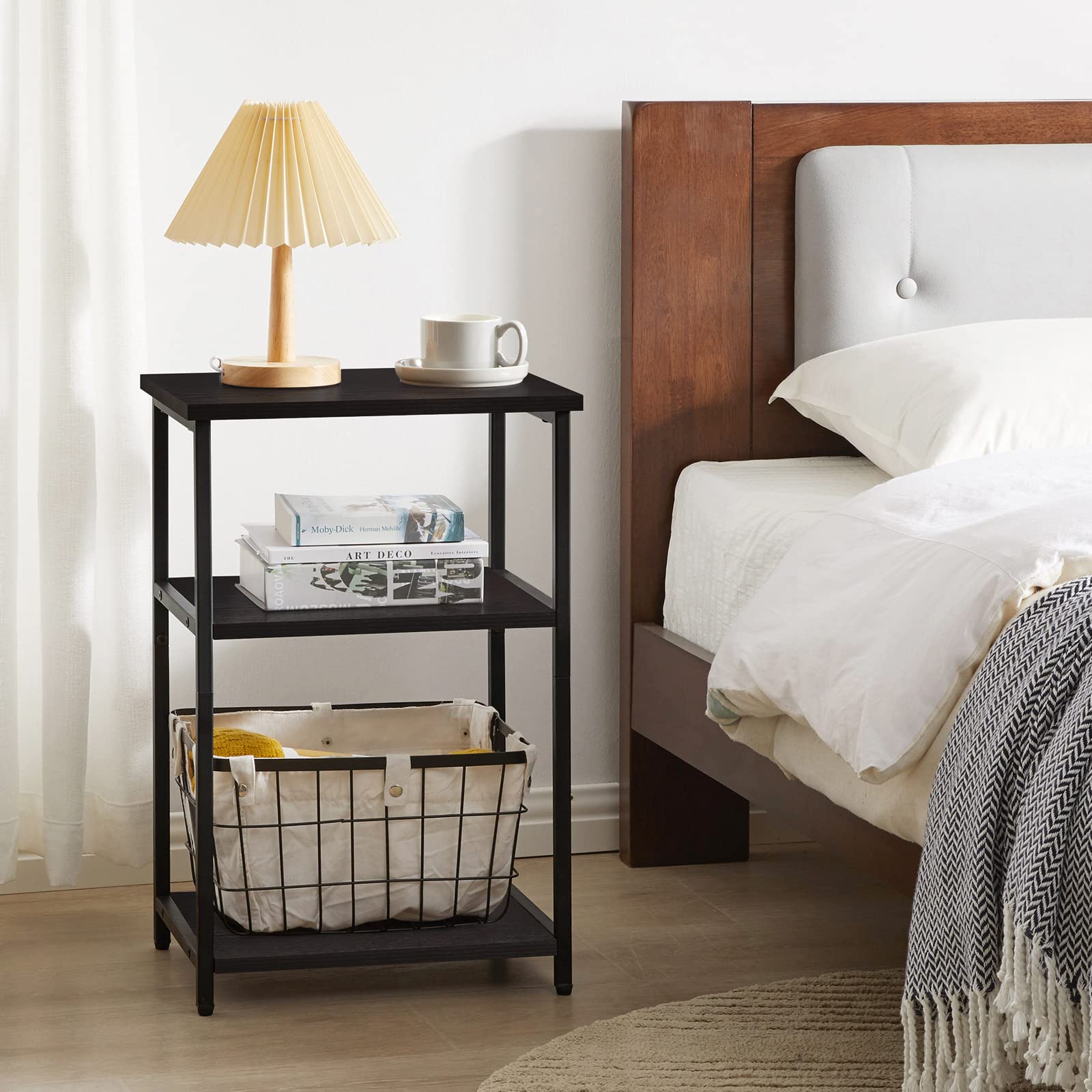 IBUYKE 3-Tier Industrial Side Table with Storage Shelf - Small End Table Nightstand for Bedroom, Living Room, Hallway - Black (UTMJ402B) | Perfect for Compact Spaces, Coffee Table Alternative & Bedside Organizer