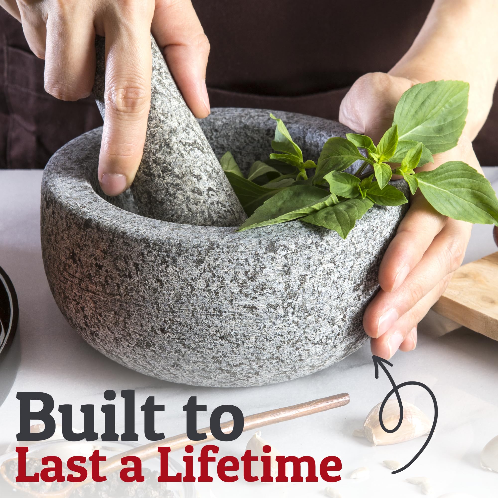 Priority Chef Heavy Duty Large Mortar and Pestle Set - 6.3 Inch Natural Granite Stone Grinder Bowl for Guacamole, Pesto, Spices & Herbs | 2 Cup Capacity, Durable Herb Crusher & Spice Grinder - Perfect for Kitchen, Cooking & Food Prep (Grey)