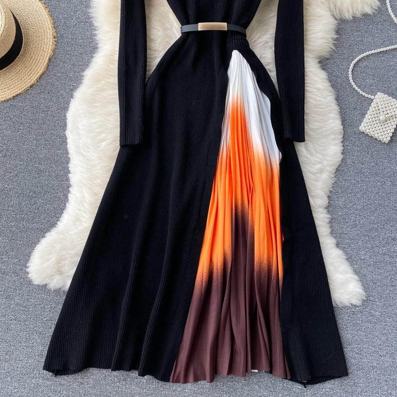 Banulin Women's Elegant Knitted Retro Print Pleated Midi Dress - Autumn Winter Gradient Patchwork Long Sleeve Office Dress with Belt | Perfect for Work, Parties & Holiday Events