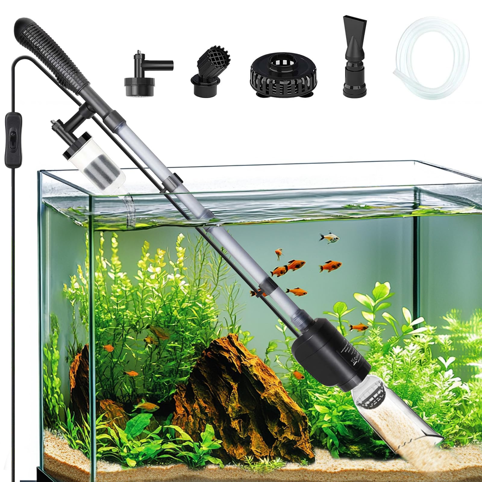 AQQA 6-in-1 Electric Aquarium Gravel Cleaner & Water Changer - 20W 320GPH Multi-Functional Fish Tank Cleaner for Freshwater & Turtle Tanks - Ideal for Water Cleaning, Circulation & Maintenance