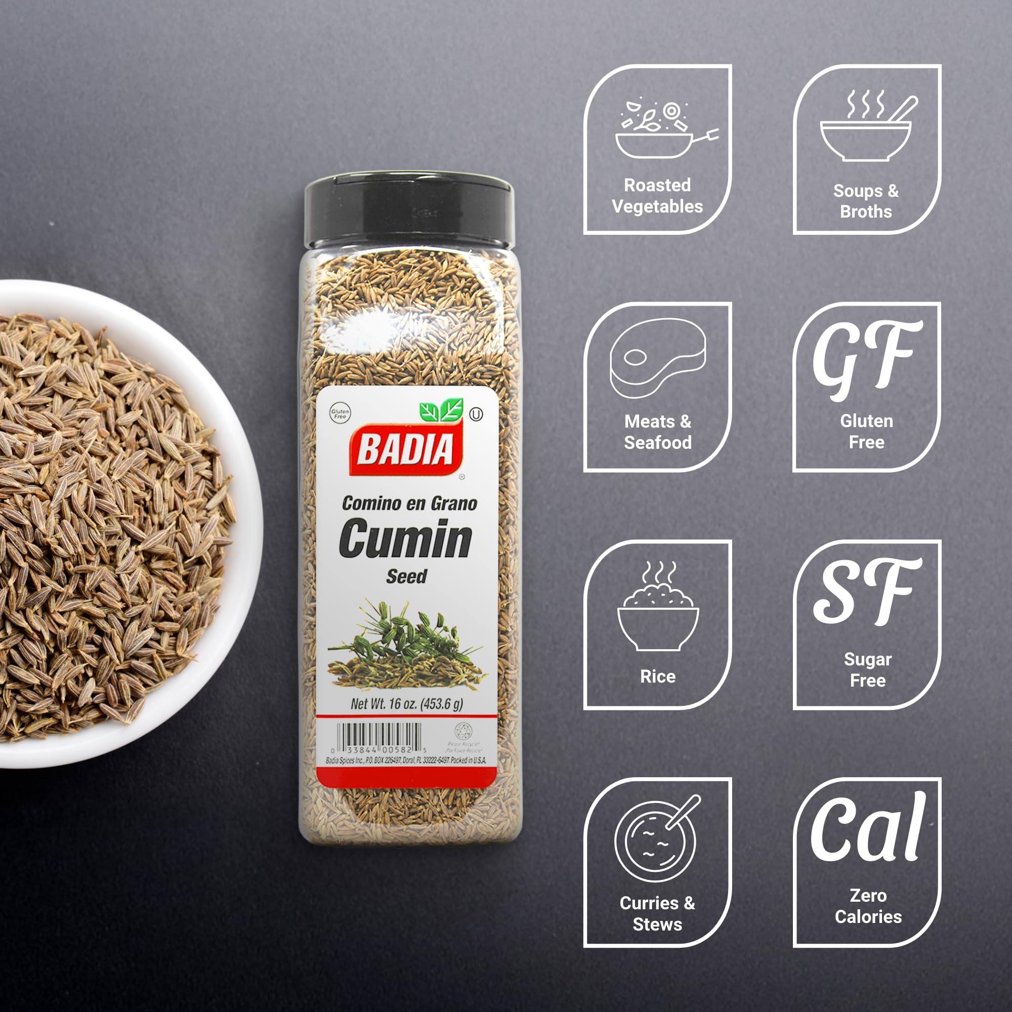 Badia Cumin Seeds 16 oz - Whole Cumin Seeds for Cooking, Spice Blends & Seasonings | Aromatic Flavor for Mexican, Indian & Middle Eastern Cuisine | Perfect for Tacos, Curries & Hummus