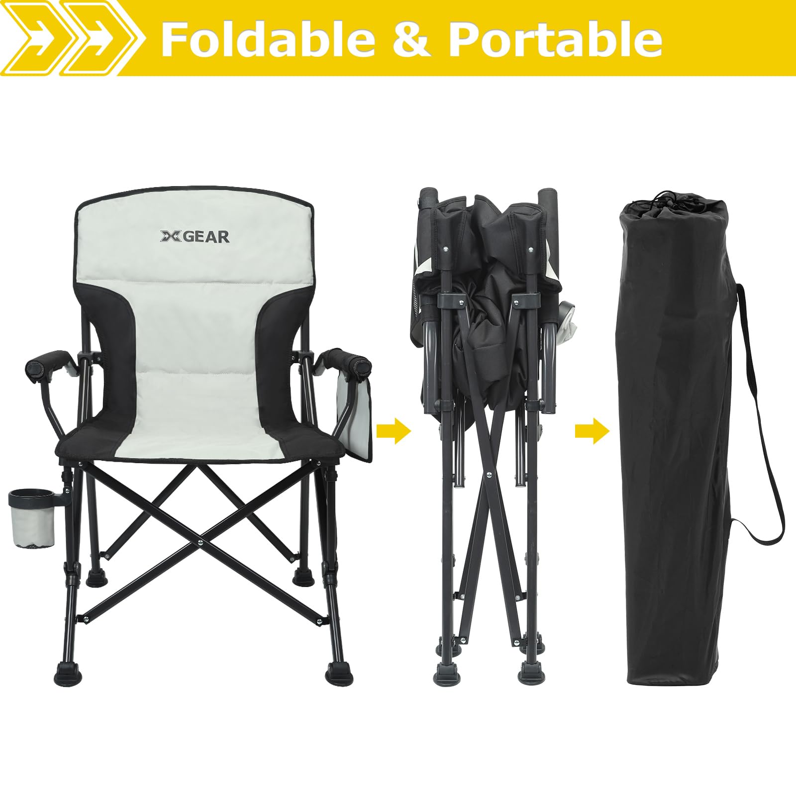 XGEAR Heated Camping Chair for Adults - 3 Adjustable Heat Levels, Padded Heated Back & Seat, Portable Outdoor Chair for Camping, Fishing, Hunting (Black/Silver) - Perfect for Cold Weather Adventures, Backyard Relaxation, and Outdoor Events (Battery Not Included)