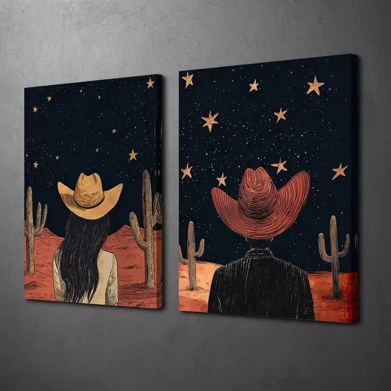 2-Piece Western Cowboy & Starry Sky Canvas Wall Art Set - 50x75cm Framed Prints, High-Quality Australian Made Ready-to-Hang Home Decor for Living Room, Bedroom, or Western-Themed Spaces
