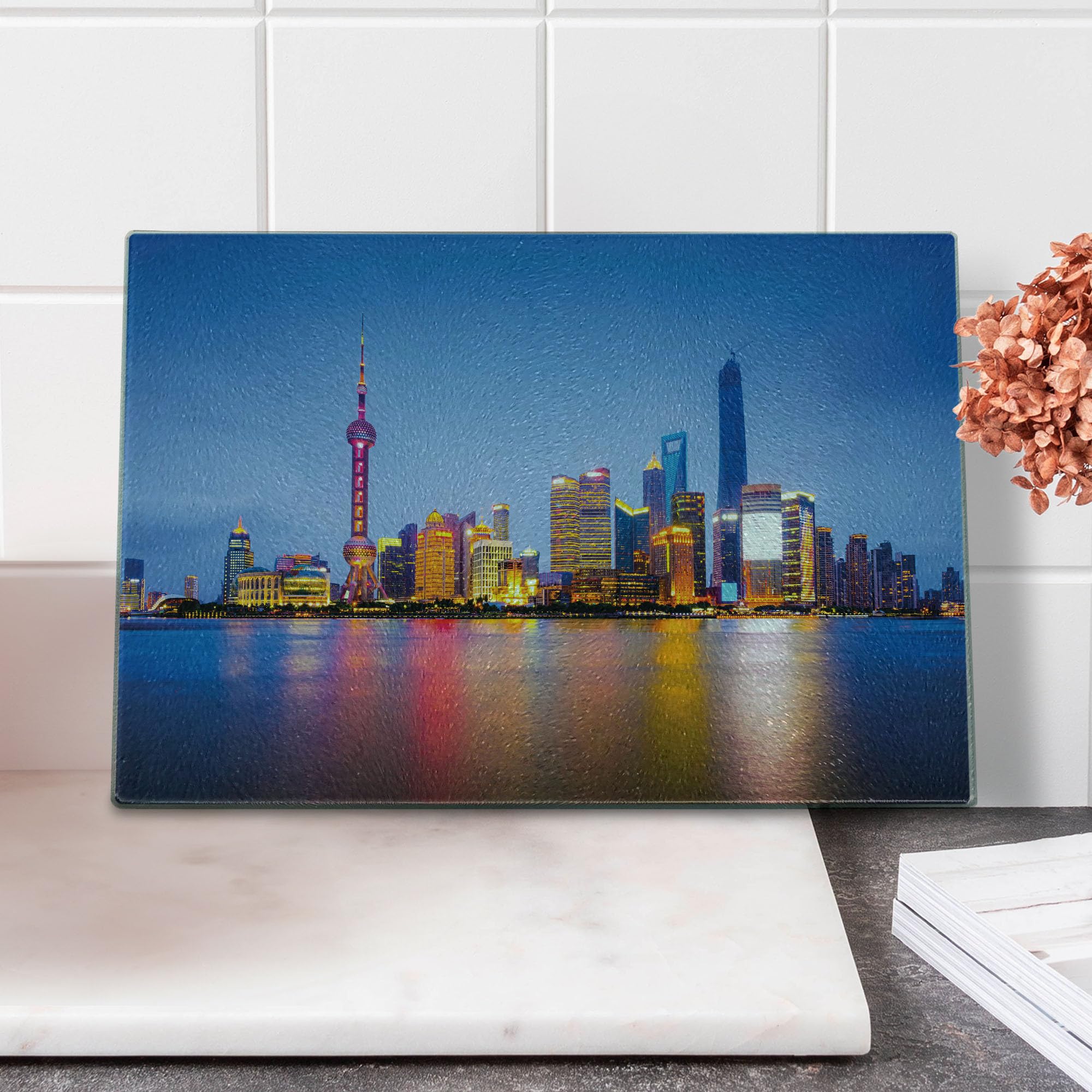 Ambesonne Urban Tempered Glass Cutting Board - Shanghai City Skyline on Huangpu River at Dusk - Decorative Serving Board for Kitchen & Dining - Small Size Blue Pink Yellow - Perfect for Food Prep, Charcuterie & Home Decor