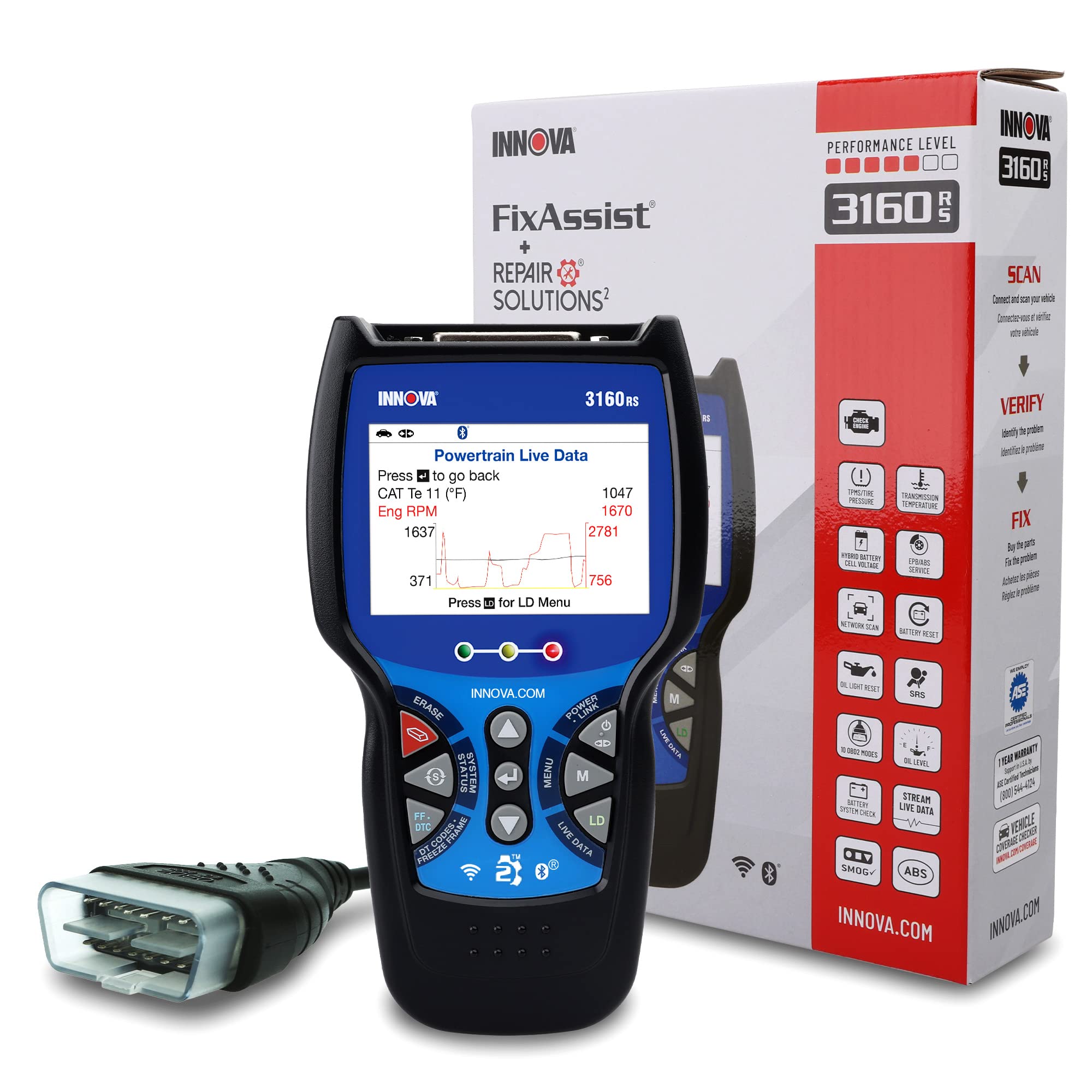 INNOVA 3160RS Professional OBD2 Scanner - ABS Brake Bleeder, SRS & Transmission Diagnostic Tool with Airbag Reset | Car Battery & Alternator Tester for Maintenance | Perfect for Mechanics & DIY Auto Repairs