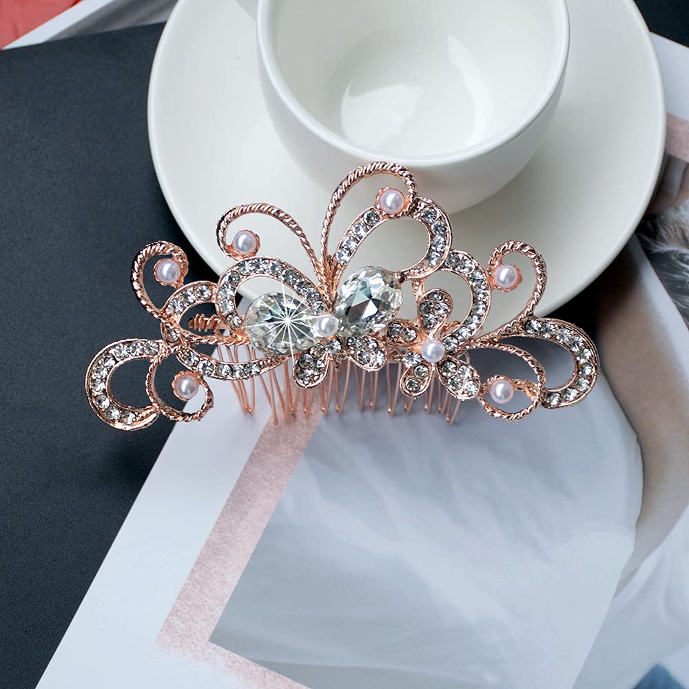 Rose Gold Bridal Hair Combs with Pearls & Rhinestones - 4pc Set for Weddings & Parties