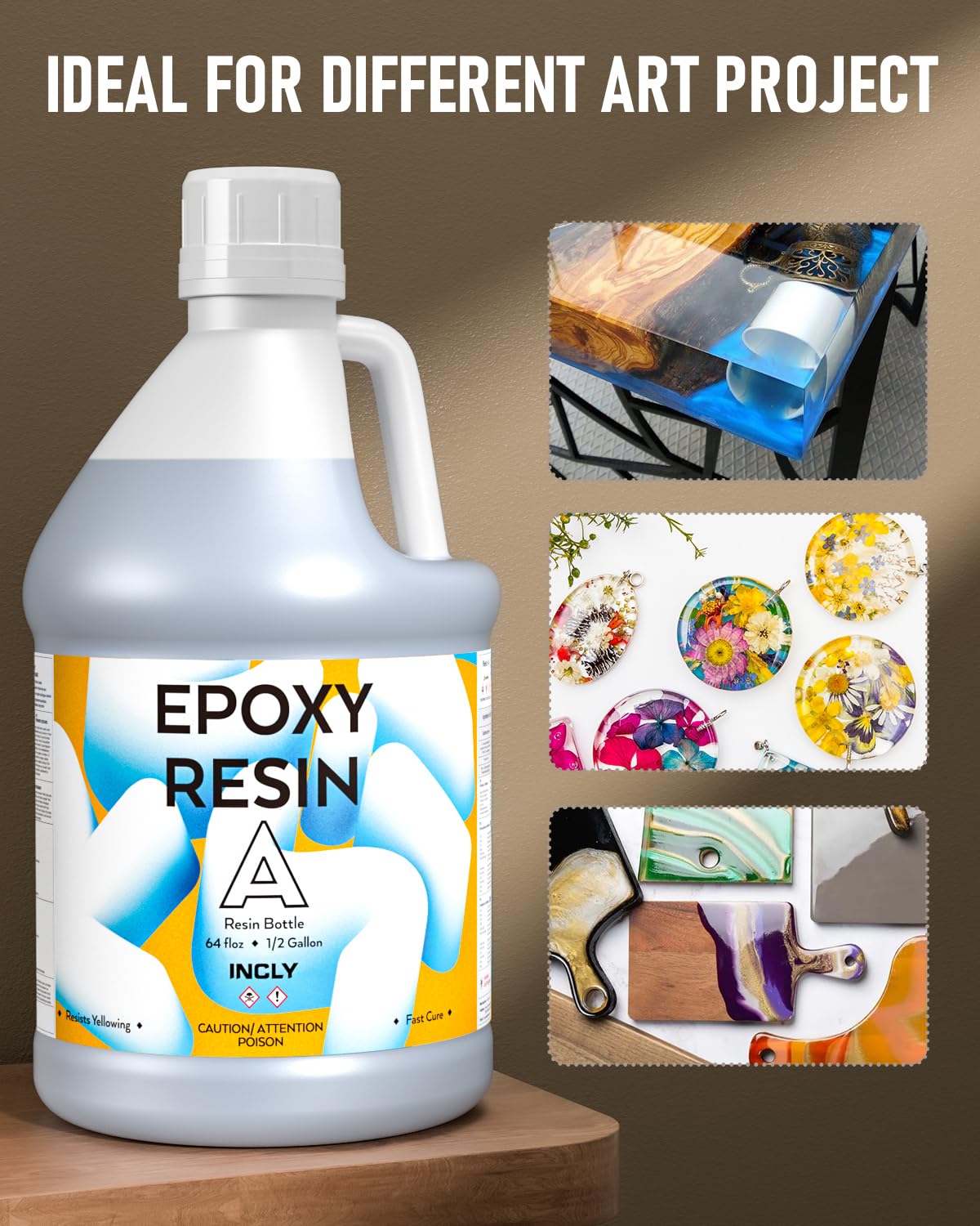 INCLY 1 Gallon Epoxy Resin Kit - Crystal Clear, Bubble-Free, UV Resistant, Food Safe for Coating & Casting | Perfect for Table Tops, Wood Finishing, Jewelry Making, Mica Pigment Art & DIY Crafts | 1:1 Mix Ratio | Ideal for Home Decor, Countertops & Creative Projects
