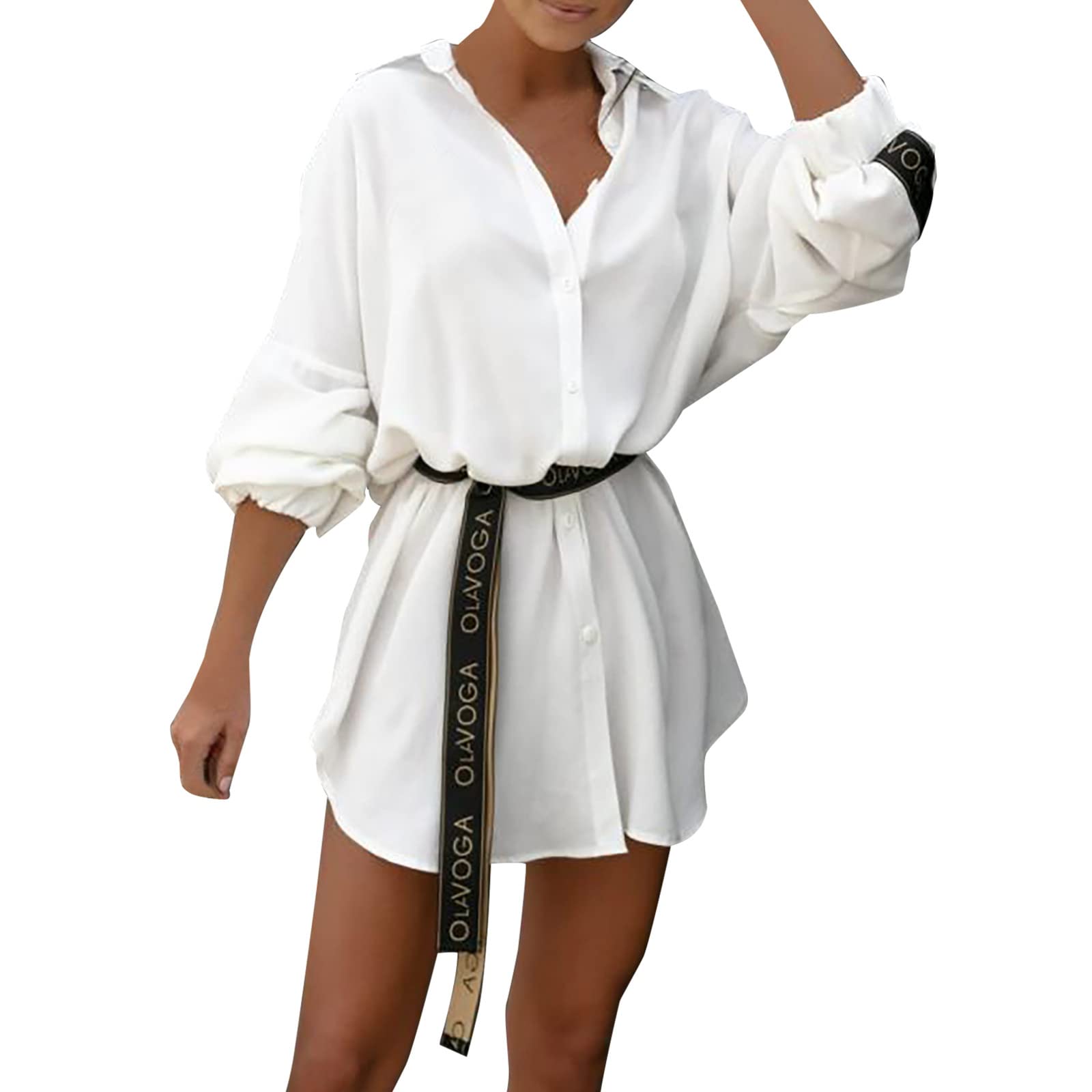 FengLS Women's Shirt Dress - Long Sleeve Solid Color Mini Dress for Summer | Sexy Casual Lapel Dress for Women | Perfect for Office, Date Night & Weekend Outings